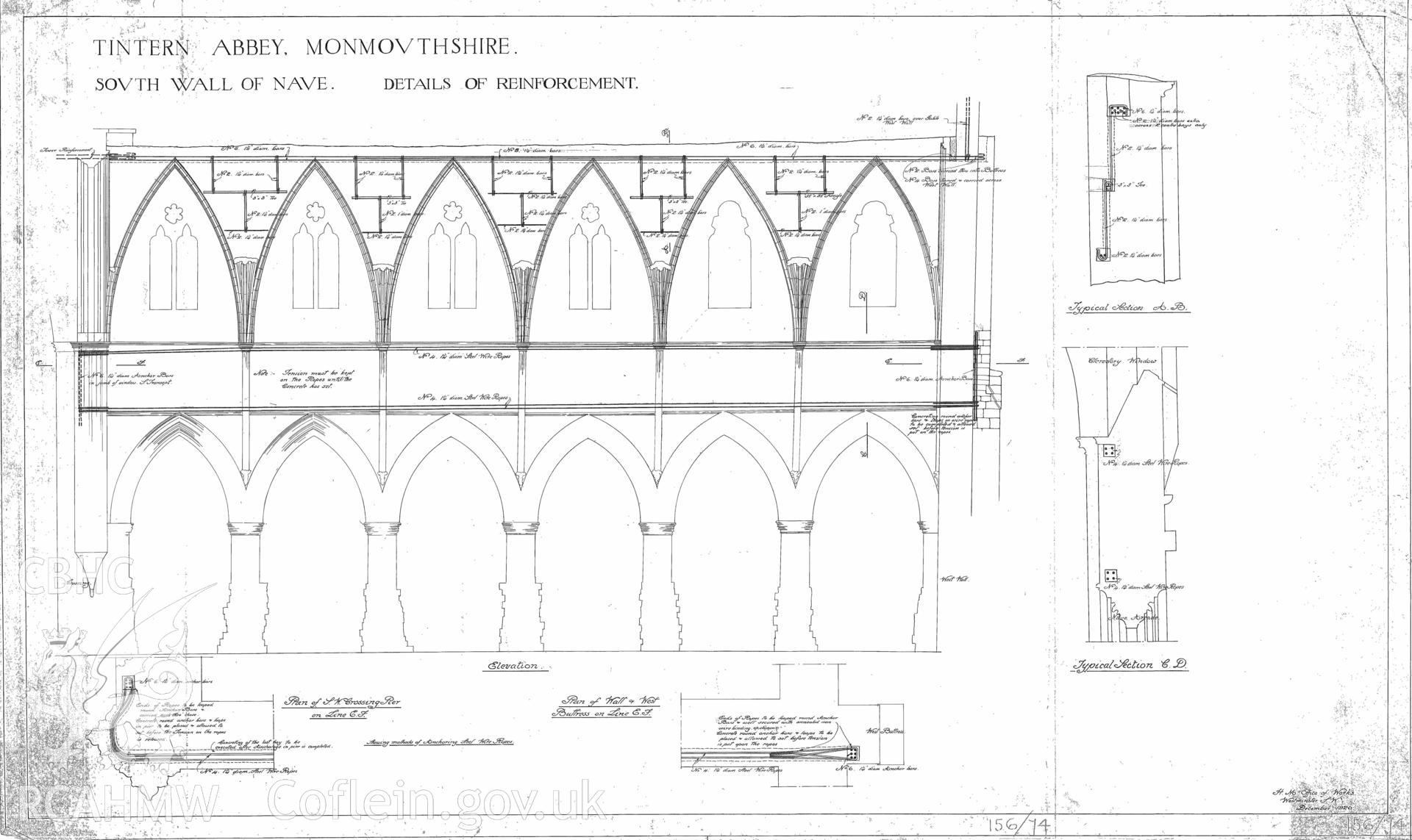 Cadw guardianship monument drawing of Tintern Abbey. S Wall of Nave Details of Reinforcement. Cadw ref. No. 156/74. No scale.