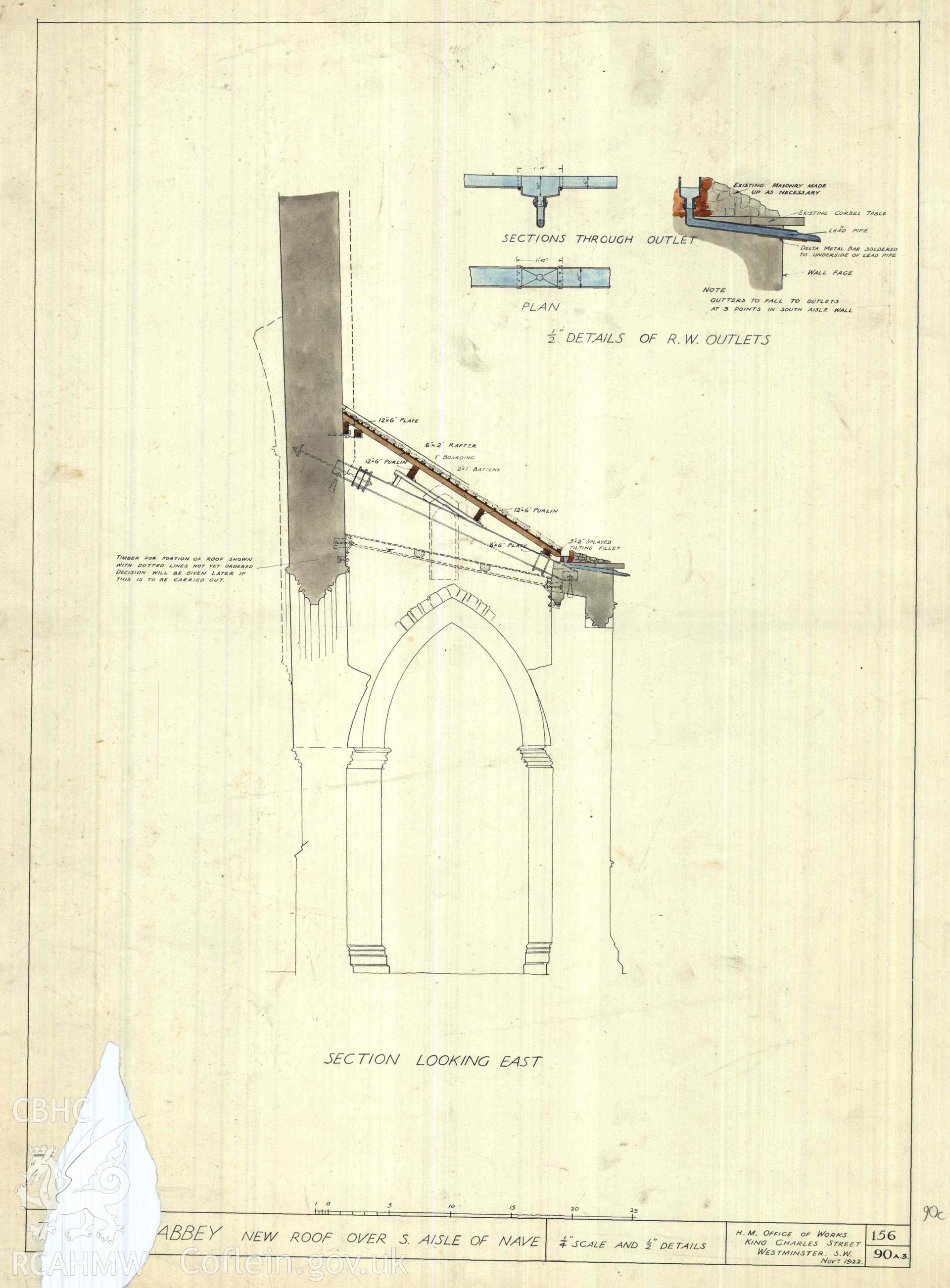 Cadw guardianship monument drawing of Tintern Abbey. New roof over S Aisle of Nave. Cadw ref. No. 156/90A3. Scale 1:24;48.