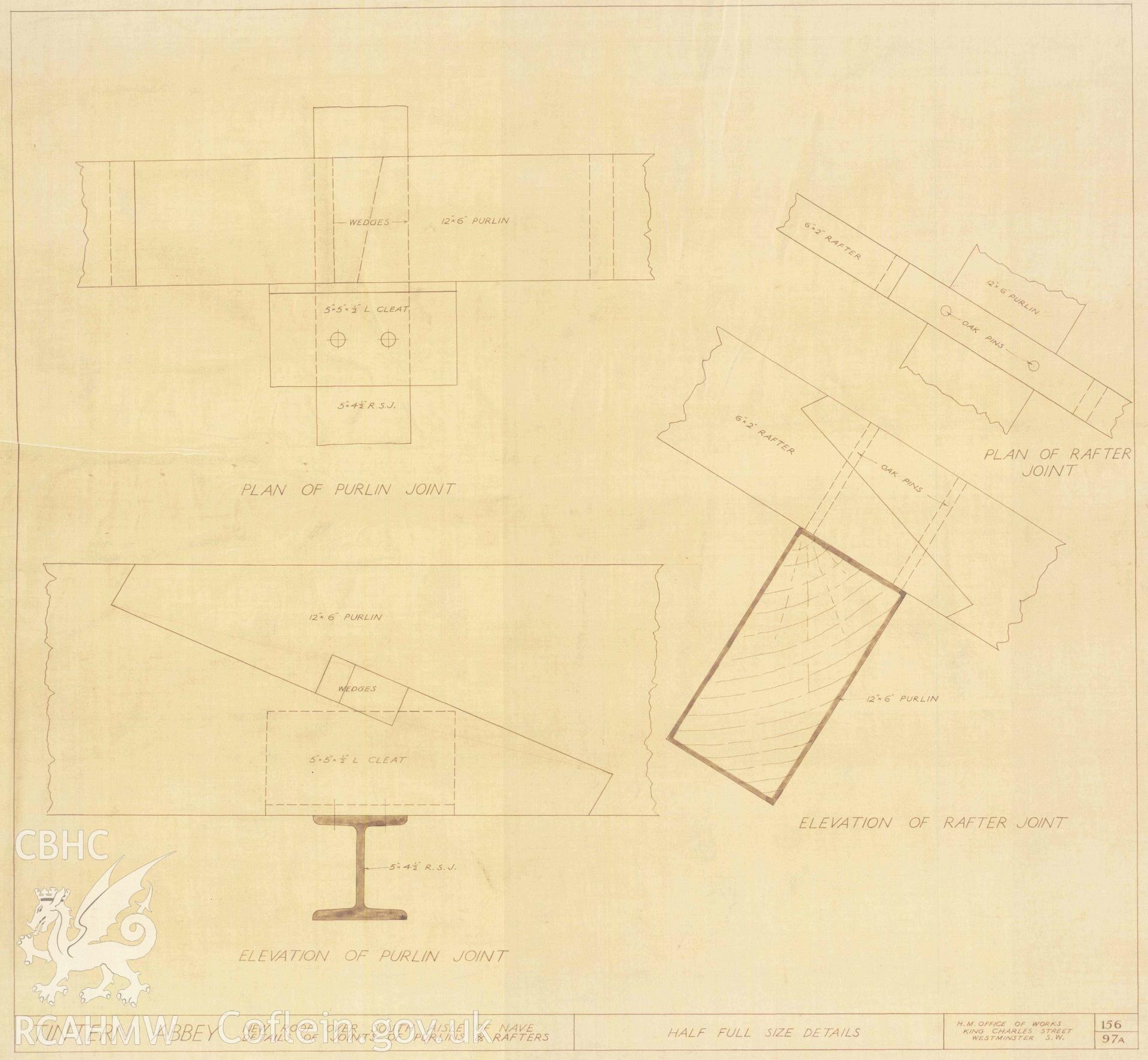 Cadw guardianship monument drawing of Tintern Abbey. Details of joints of purlins + rafters. Cadw ref. No. 156/97A1. Scale 1:2.