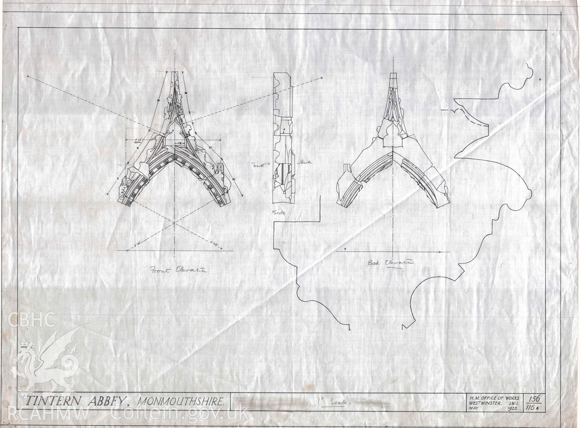 Cadw guardianship monument drawing, front, side and back elevations of screen at Tintern Abbey, dated May 1925.