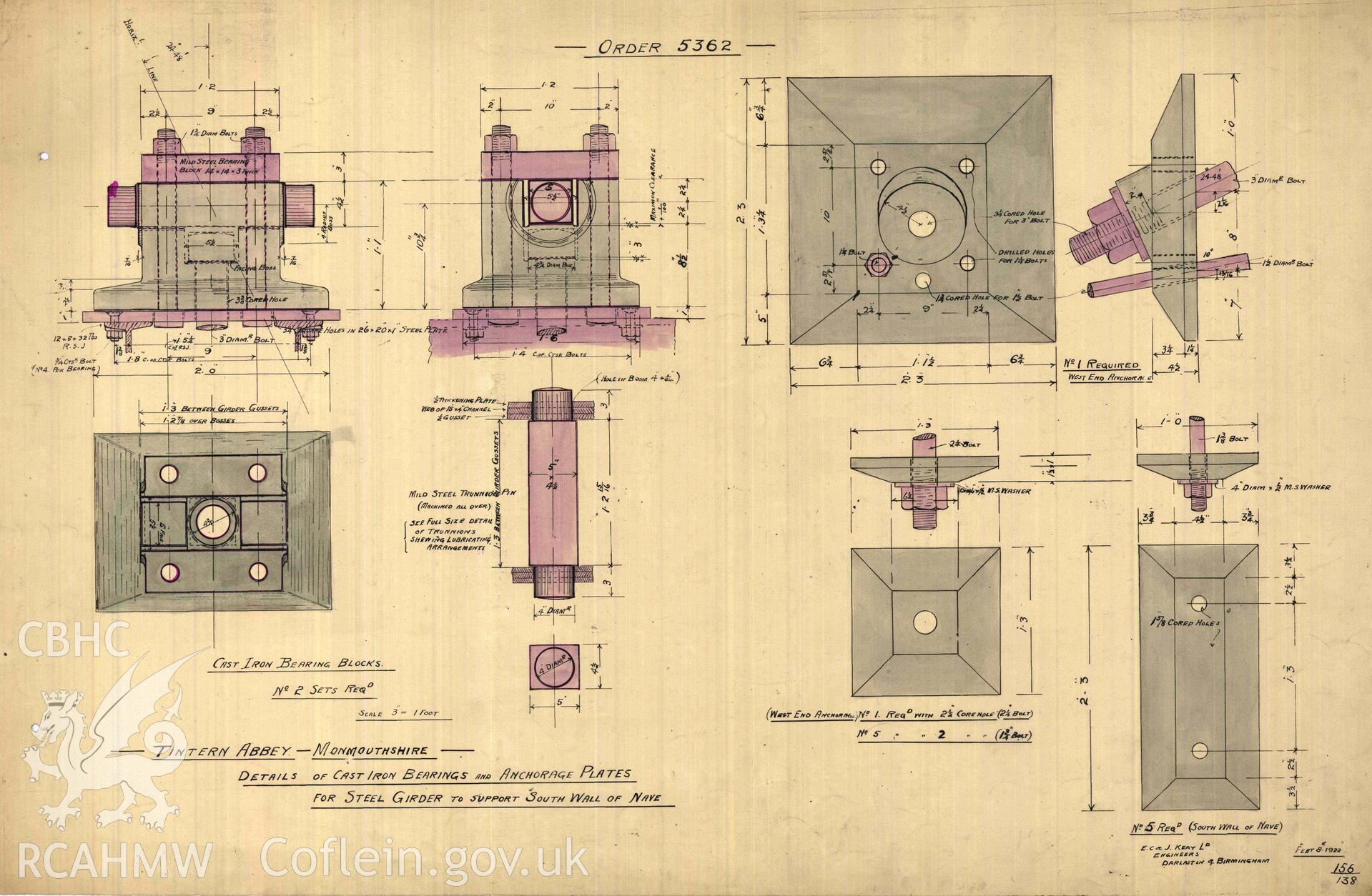 Cadw guardianship monument drawing of Tintern Abbey. Details Cast Iron Bearings + Anchor Plates. Cadw ref. No. 156/138. Various scales.