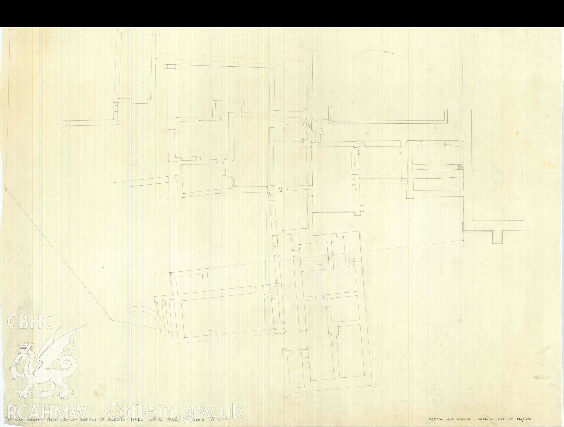 Cadw guardianship monument drawing of Tintern Abbey. Plotting of survey of Abbot's Hall. Cadw ref. No. 156/176. Scale 1:96.