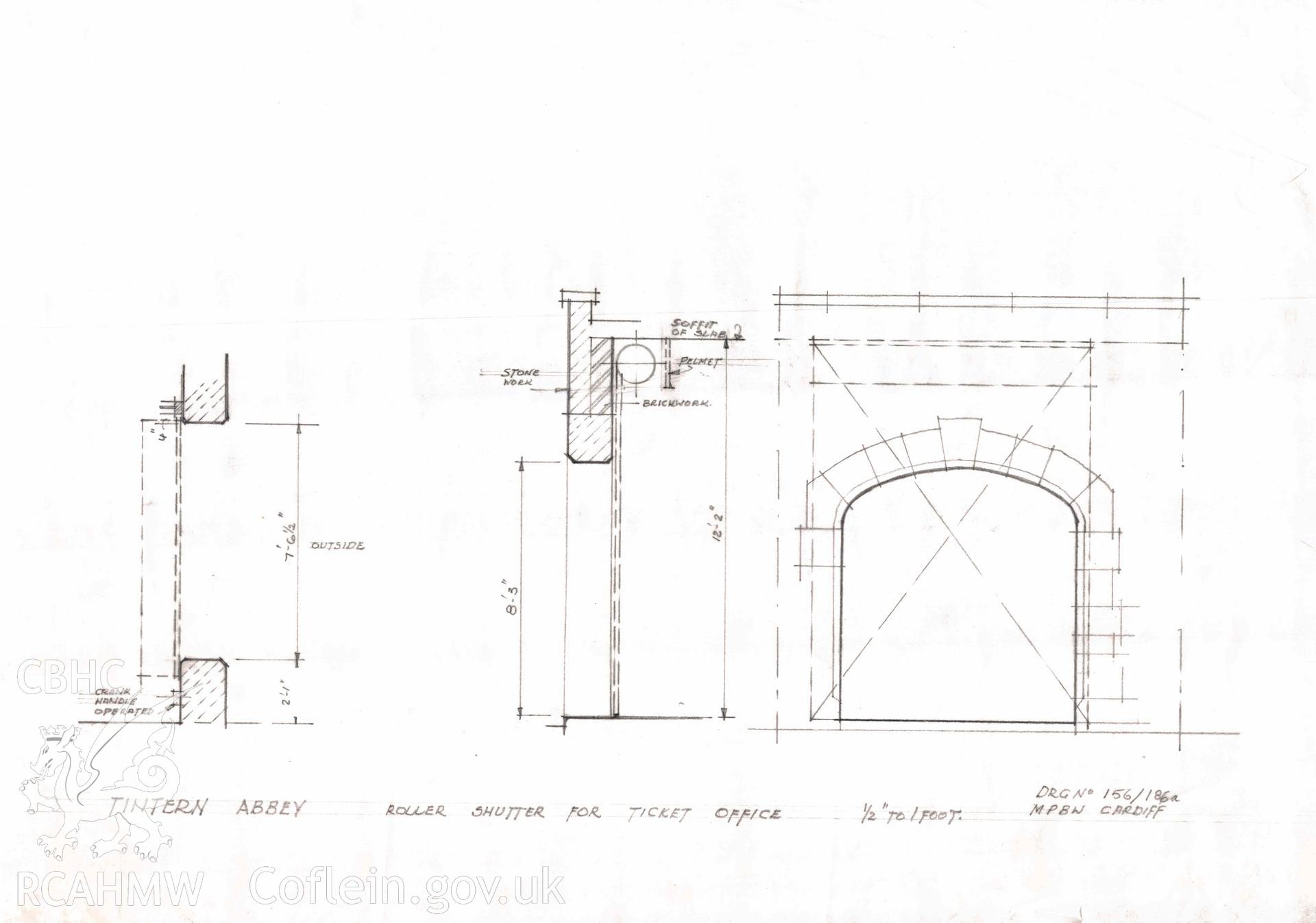 Cadw guardianship monument drawing, details of roller shutter for ticket office , Tintern Abbey.