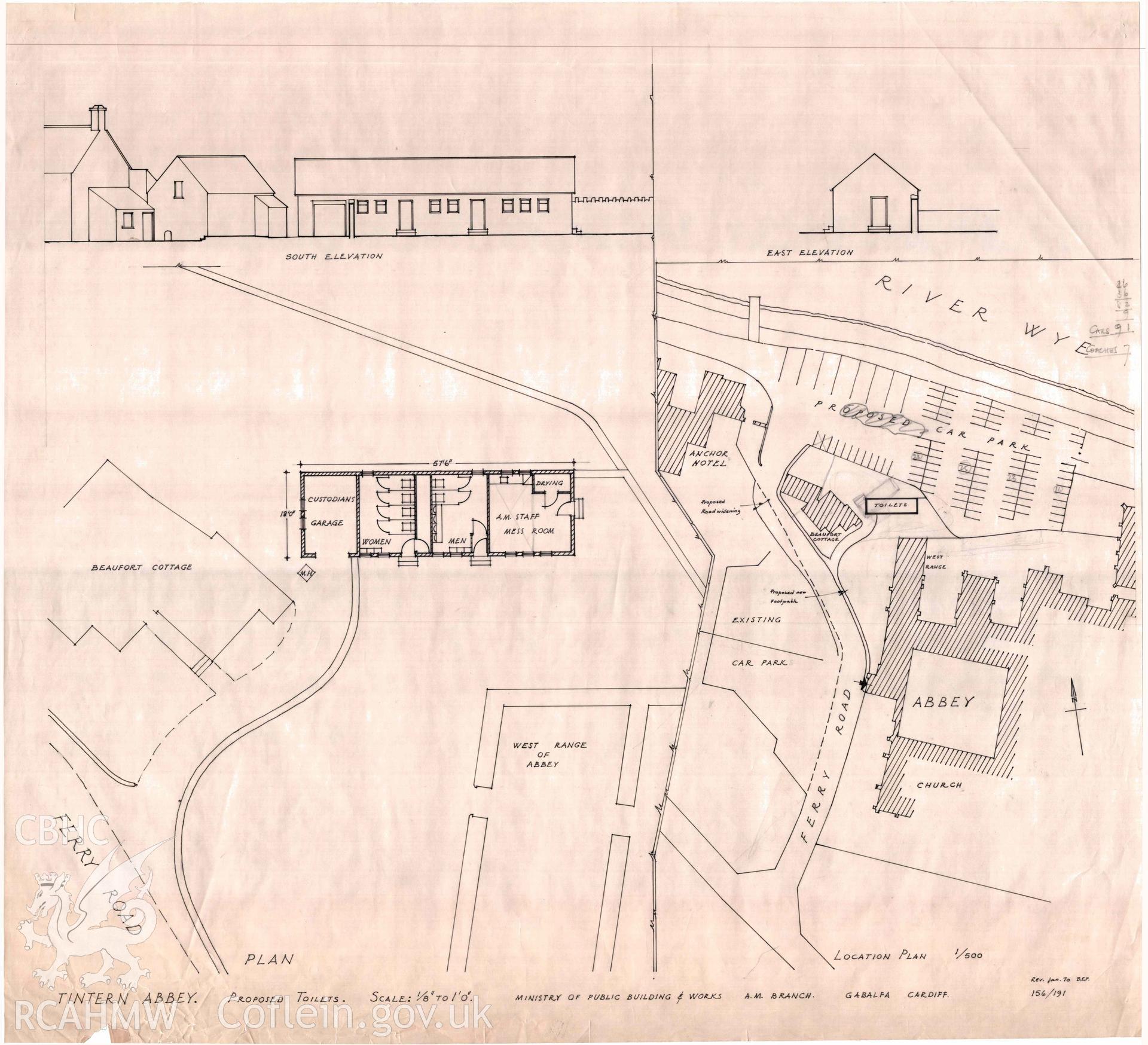 Cadw guardianship monument drawing, location plan of proposed toilets, Tintern Abbey.  Dated January 1970.