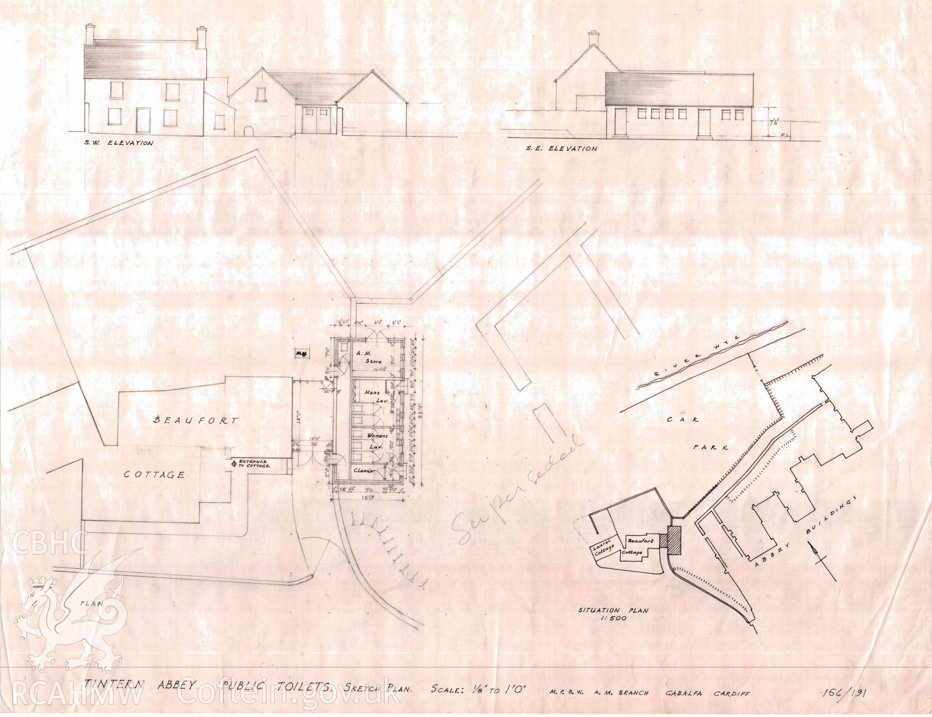 Cadw guardianship monument drawing, location plan of proposed toilets, Tintern Abbey.  Dated January 1970.