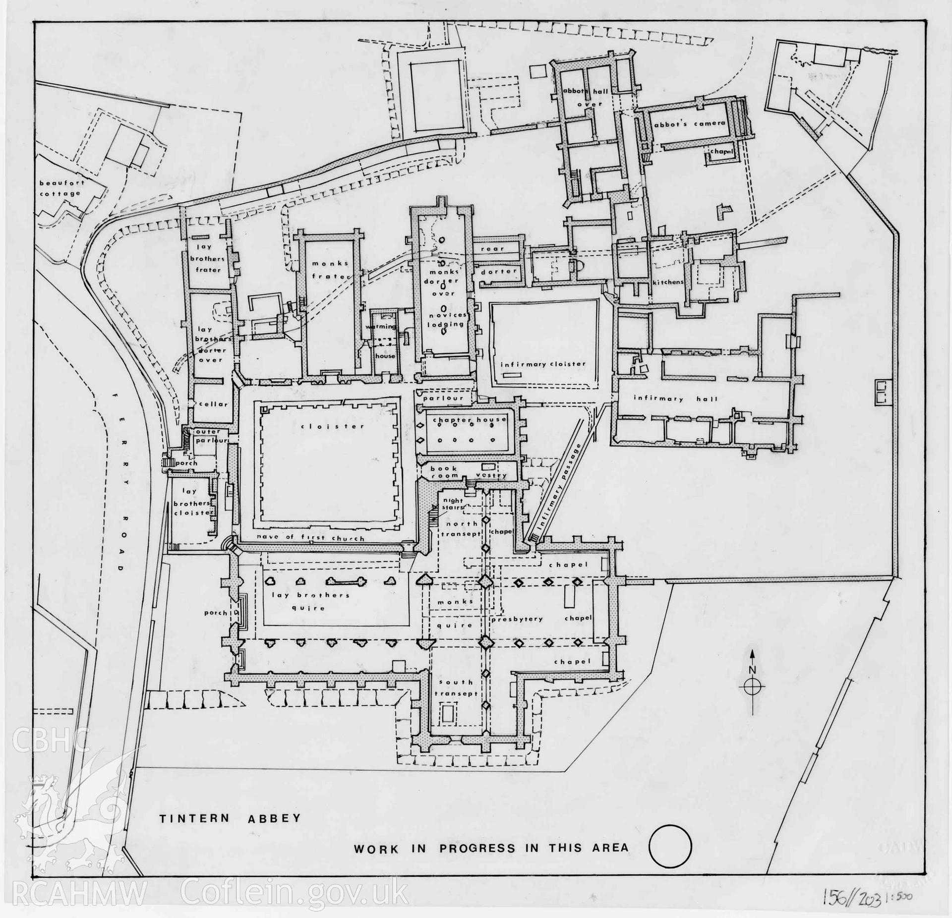 Cadw guardianship monument drawing, record plan, negative, Tintern Abbey.