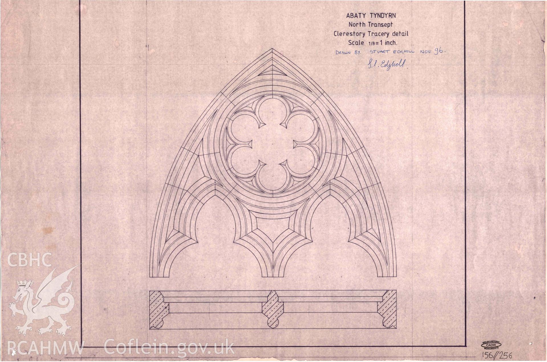 Cadw guardianship monument drawing, north transept, clerestory tracery detail, Tintern Abbey.  Dated November 1996.