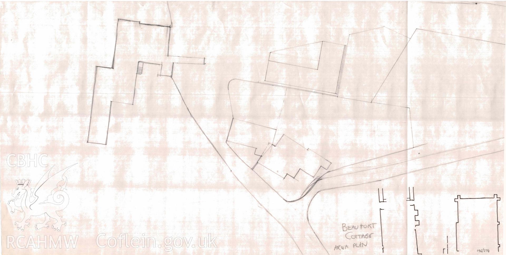 Cadw guardianship monument drawing, rough plan of Beaufort Cottage area, Tintern Abbey.  Undated.