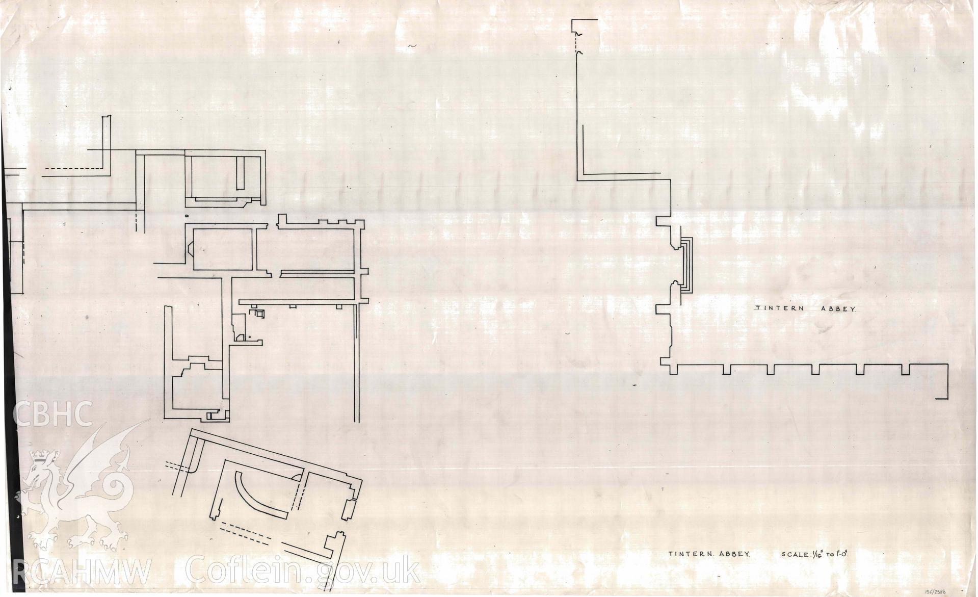 Cadw guardianship monument drawing, plan of part of buildings opposite west entrance of the church, Tintern Abbey.  Undated.