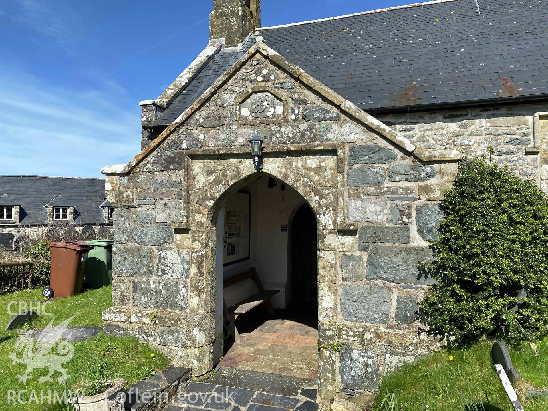 Digital photograph showing detailed view of porch at St Dwywe's Church, Llanddwywe-Is-y-Craig, produced by Paul Davis in 2023