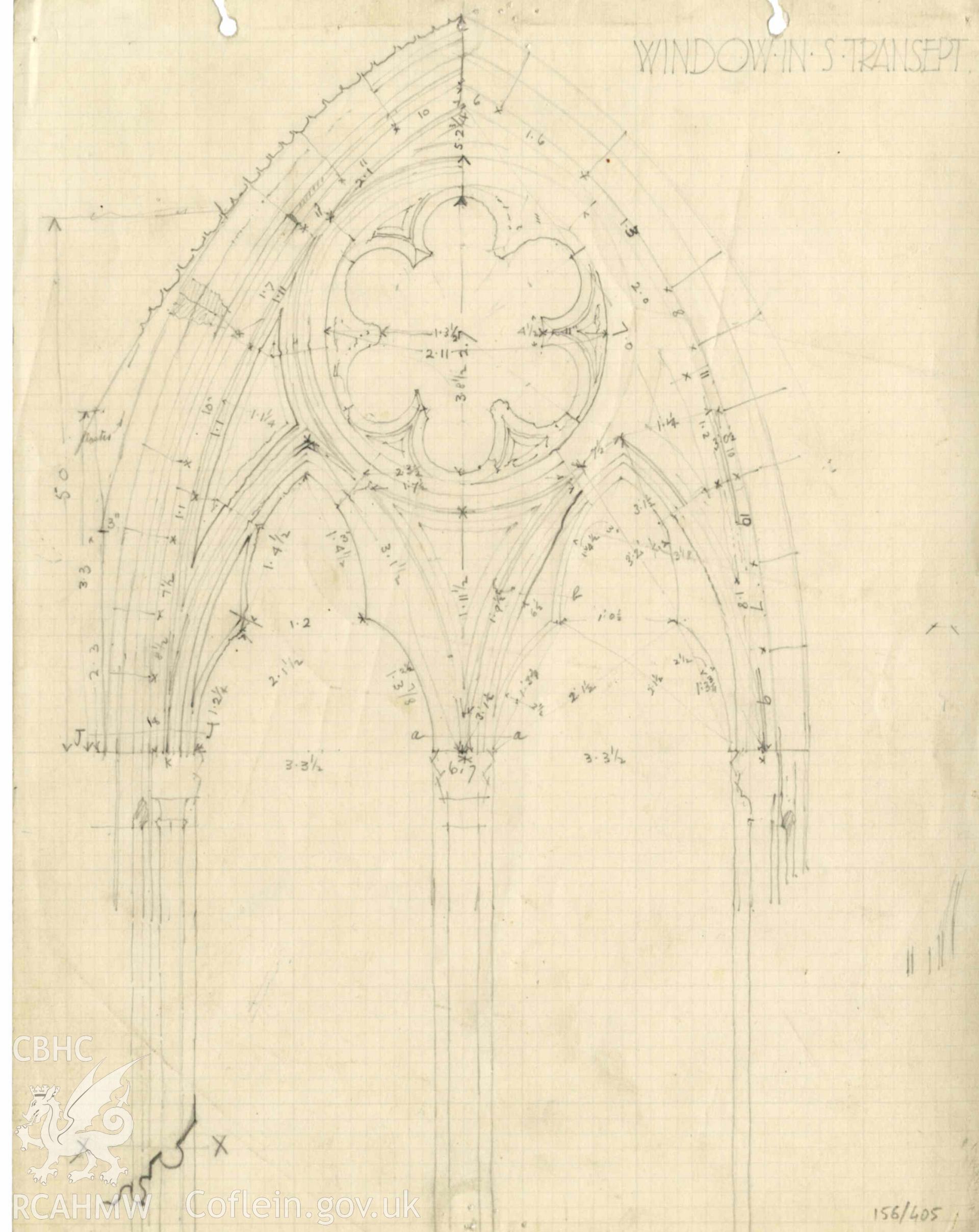Cadw Guardianship monument drawing, sketch with measurements if window in south transept, Tintern Abbey.  Undated.