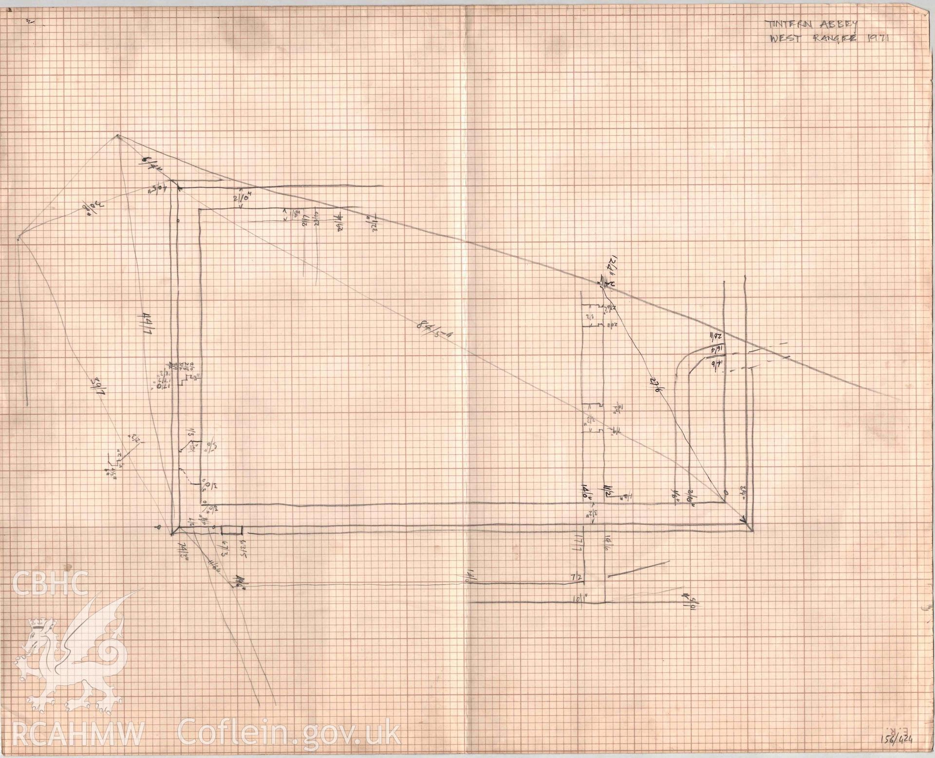 Cadw Guardianship monument drawing, 6 sheets, pencil on graph paper, field notes on layout of west range, cottages and car park, Tintern Abbey. Dated 1971.