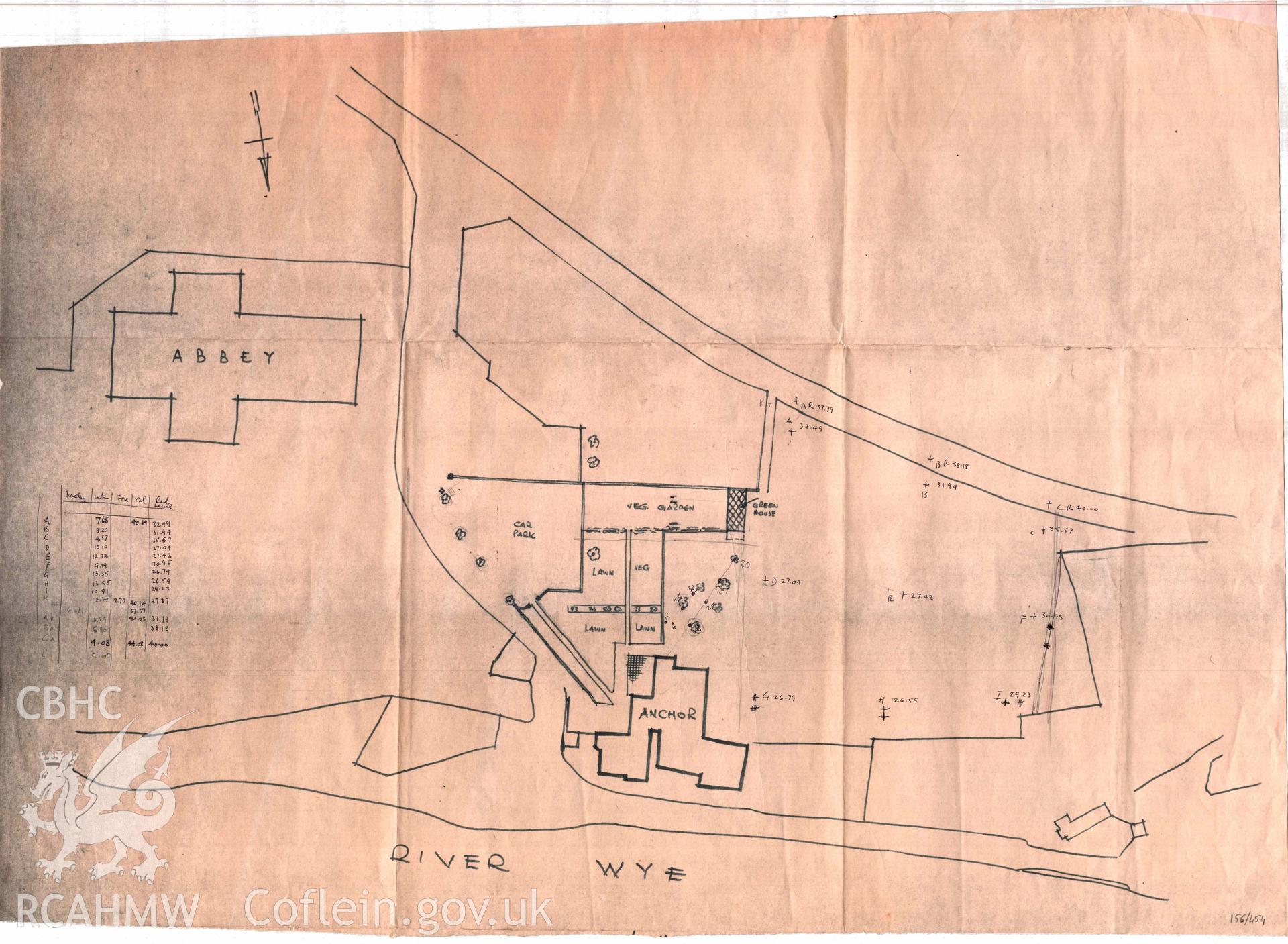 Cadw Guardianship monument drawing, outline of abbey, car park and adjacent buildings, Tintern Abbey. Undated