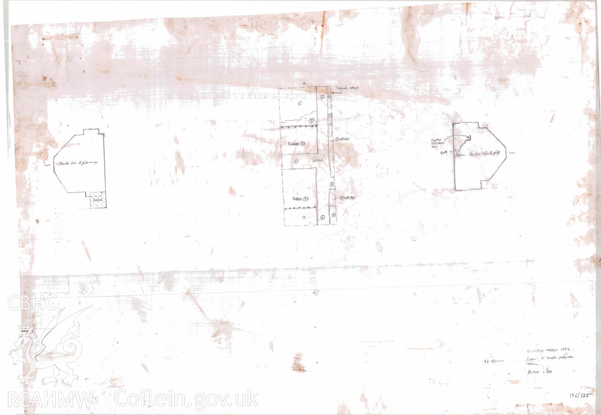Cadw guardianship monument drawing, sketch of location of excavation trench and site of pulpitum screen, Tintern Abbey.  Dated 1997.