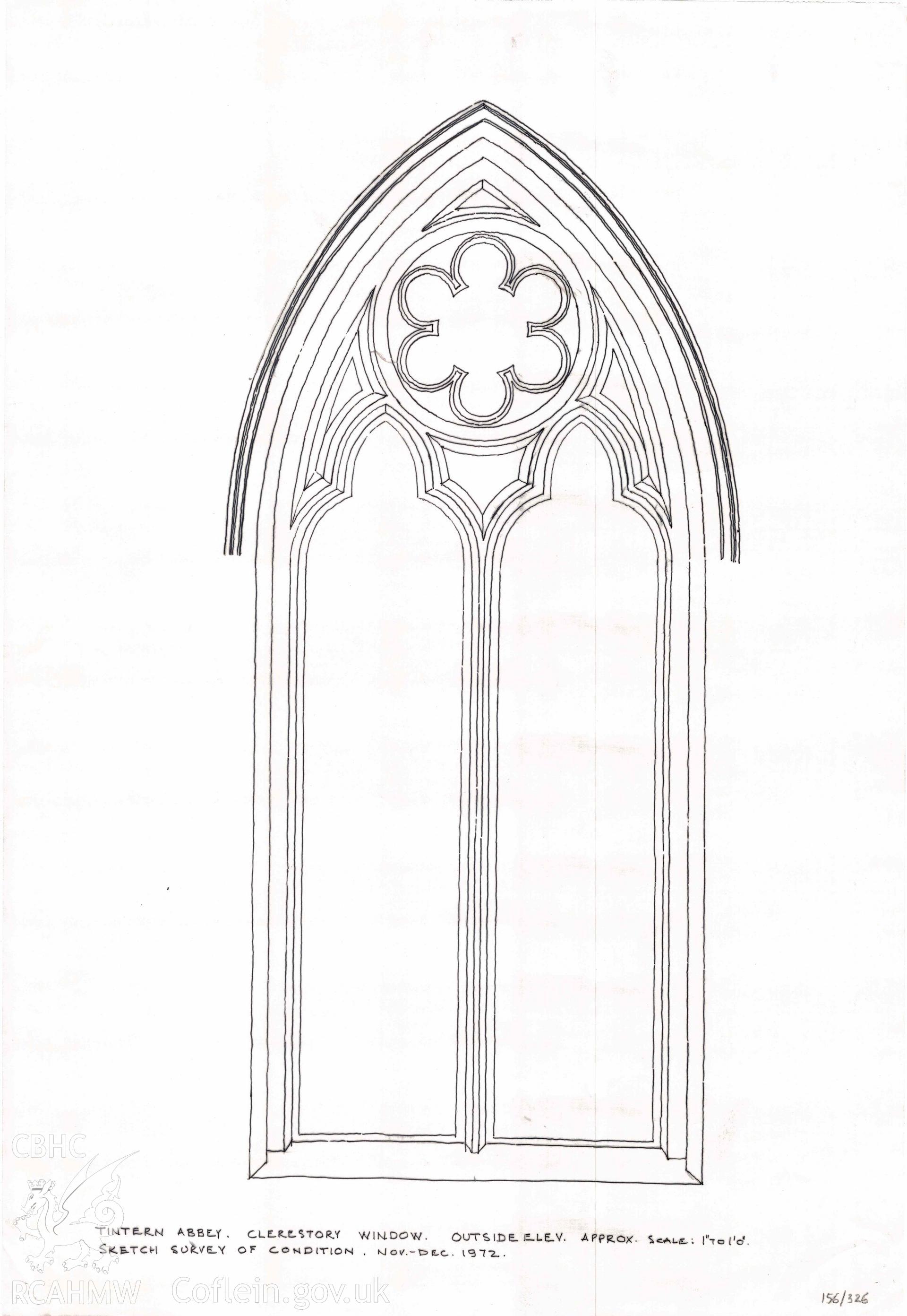Cadw guardianship monument drawing, clerestory window, outside elevation, sketch survey of condition, Tintern Abbey.  Dated Nov-Dec 1972.