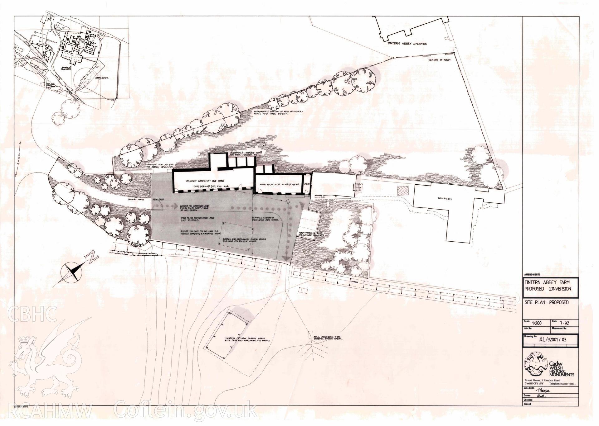 Cadw guardianship monument drawing, site plan proposed of Tintern Abbey Farm, proposed conversion, Tintern Abbey. Dated July 1992.