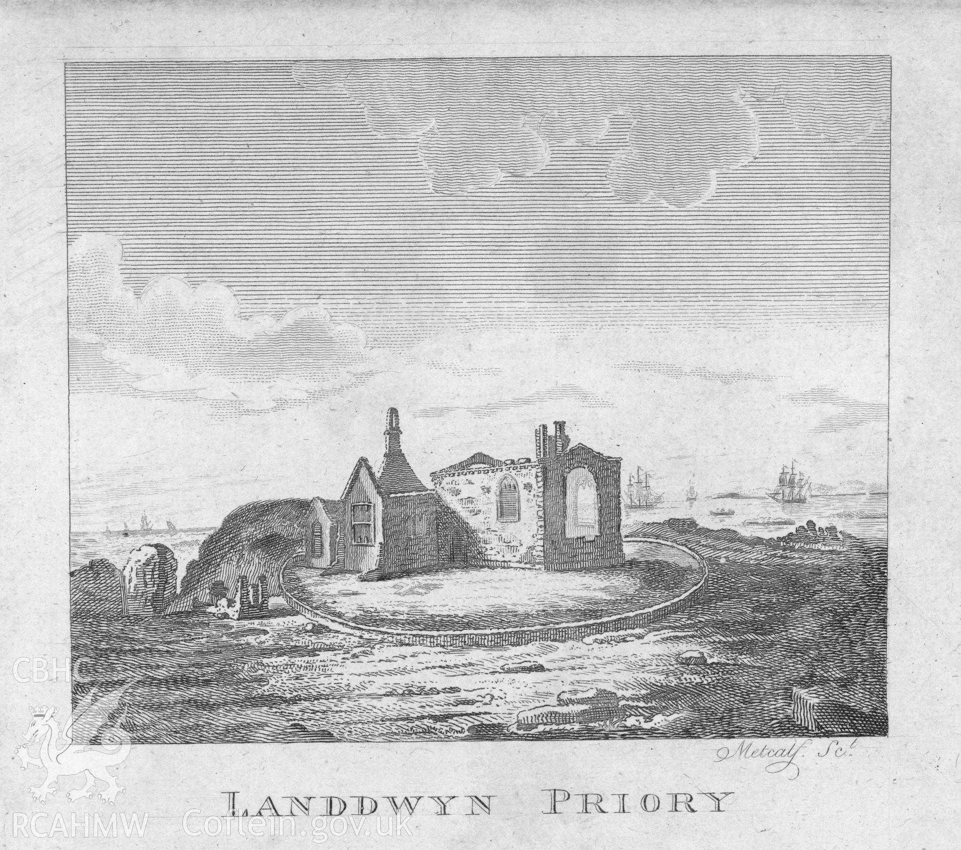 Black and white print of an engraving entitled 'Llanddwyn Priory', by John Metcalf, dated 1804. Hard copy and digital.