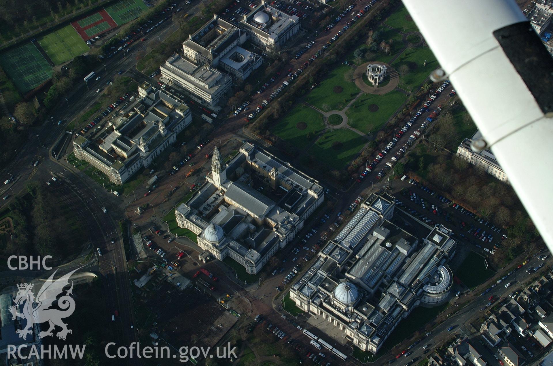 RCAHMW colour oblique aerial photograph of Cardiff City Hall, Cathays Park taken on 13/01/2005 by Toby Driver