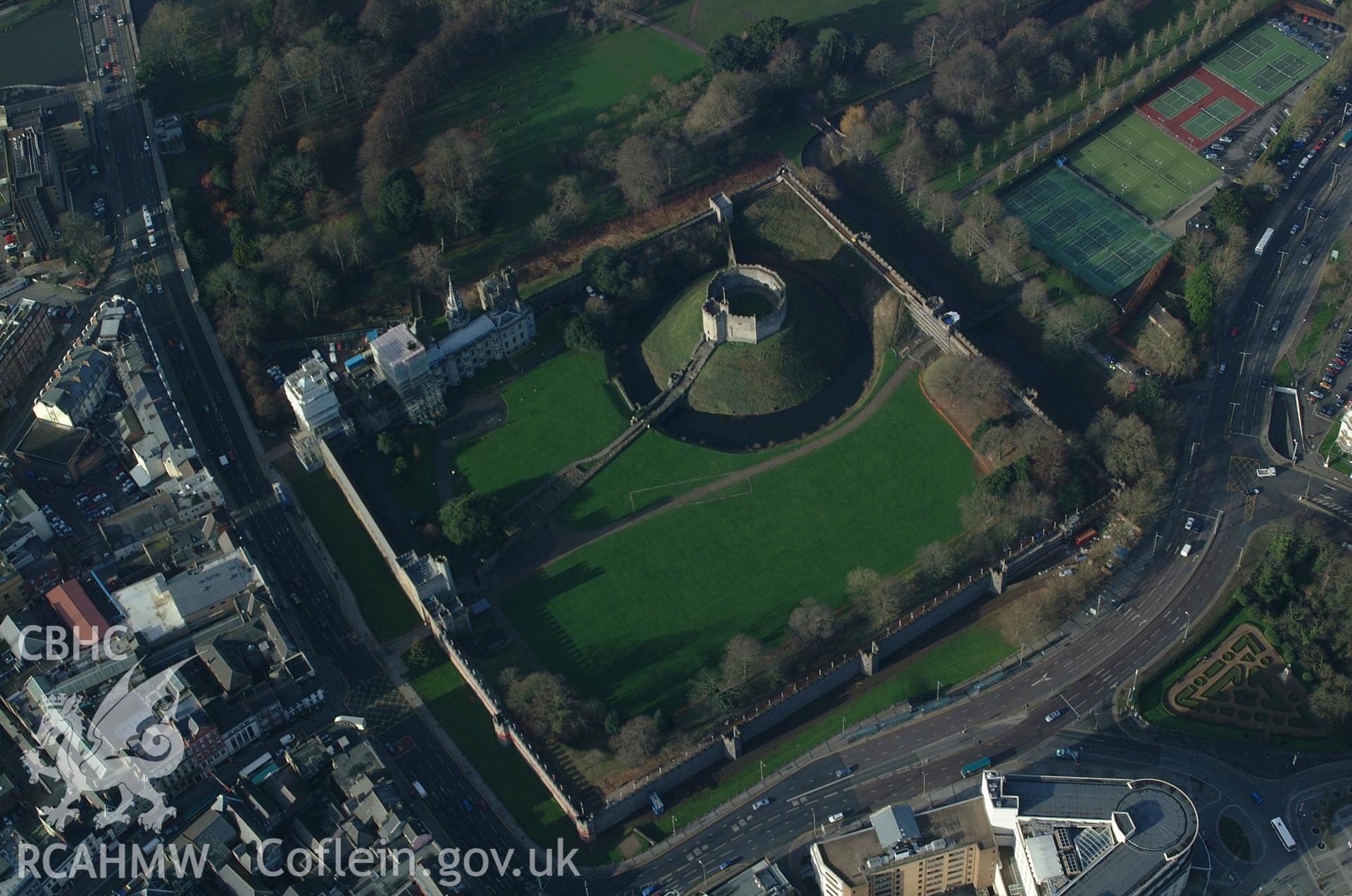 RCAHMW colour oblique aerial photograph of Cardiff Castle taken on 13/01/2005 by Toby Driver