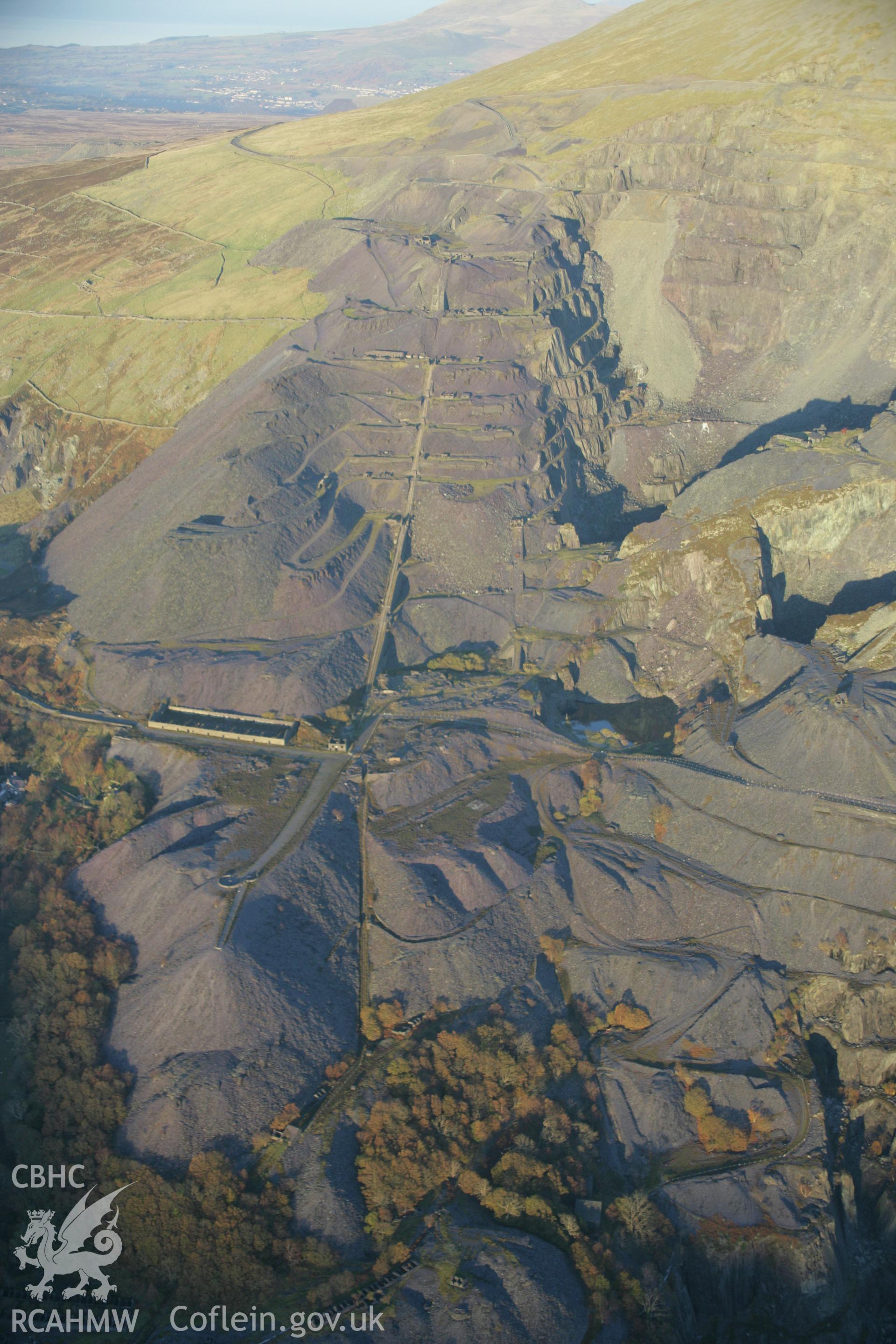 RCAHMW colour oblique aerial photograph of Dinorwic Slate Quarry. A winter landscape view from the south-west showing the main incline. Taken on 21 November 2005 by Toby Driver