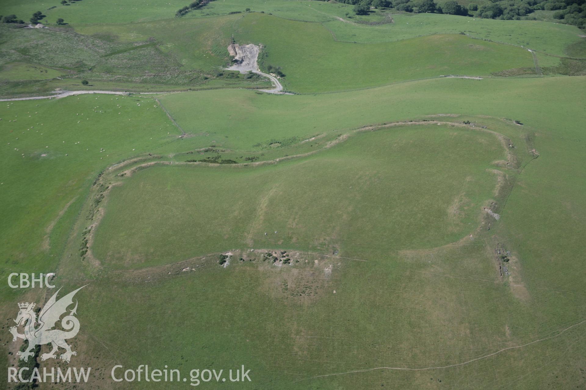 RCAHMW colour oblique aerial photograph of Gaer Fawr. A view from the south showing eroded ramparts. Taken on 23 June 2005 by Toby Driver