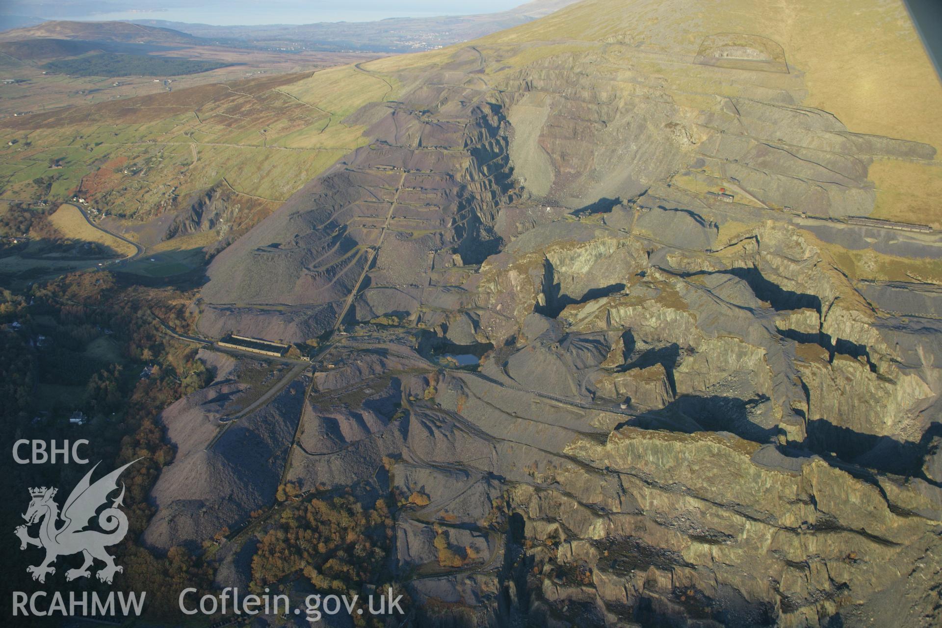 RCAHMW colour oblique aerial photograph of Dinorwic Slate Quarry. A winter landscape view from the south-west. Taken on 21 November 2005 by Toby Driver
