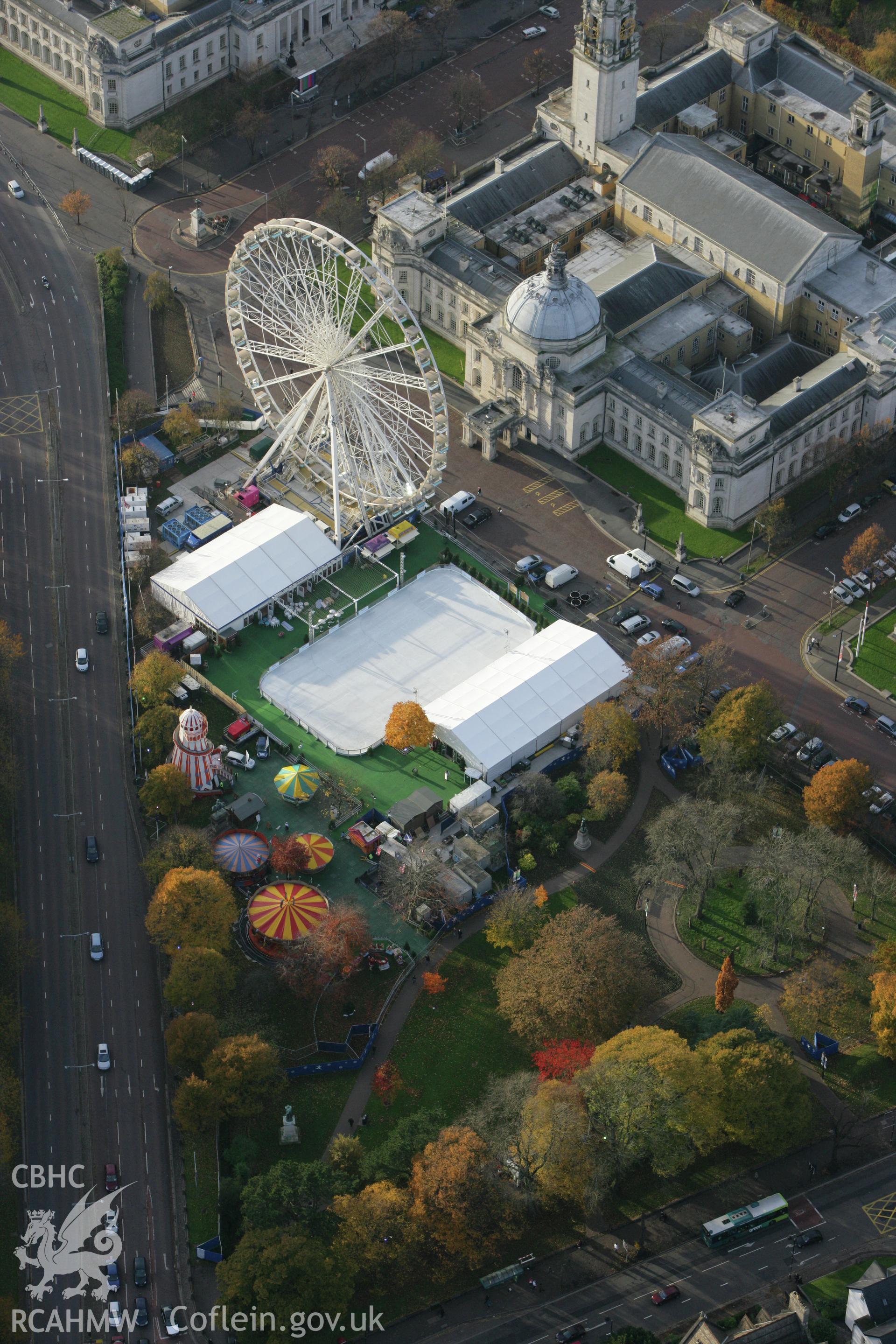 RCAHMW colour oblique photograph of Cardiff City Hall, with the Cardiff Winter Wonderland fair and temporary ice rink. Taken by Toby Driver on 12/11/2008.