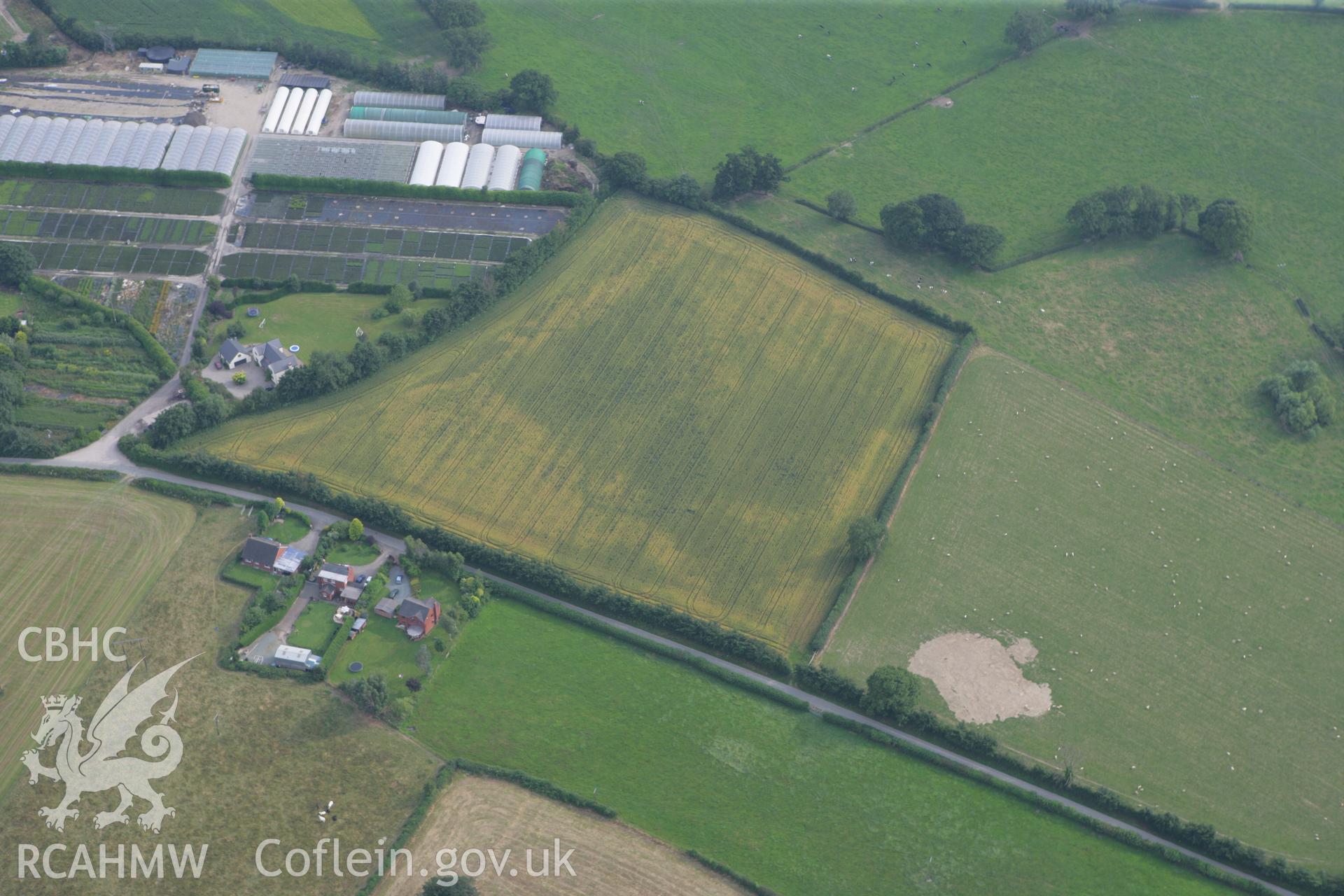 RCAHMW colour oblique photograph of Domgay Lane Linear Cropmarks and Field System. Taken by Toby Driver on 24/07/2008.