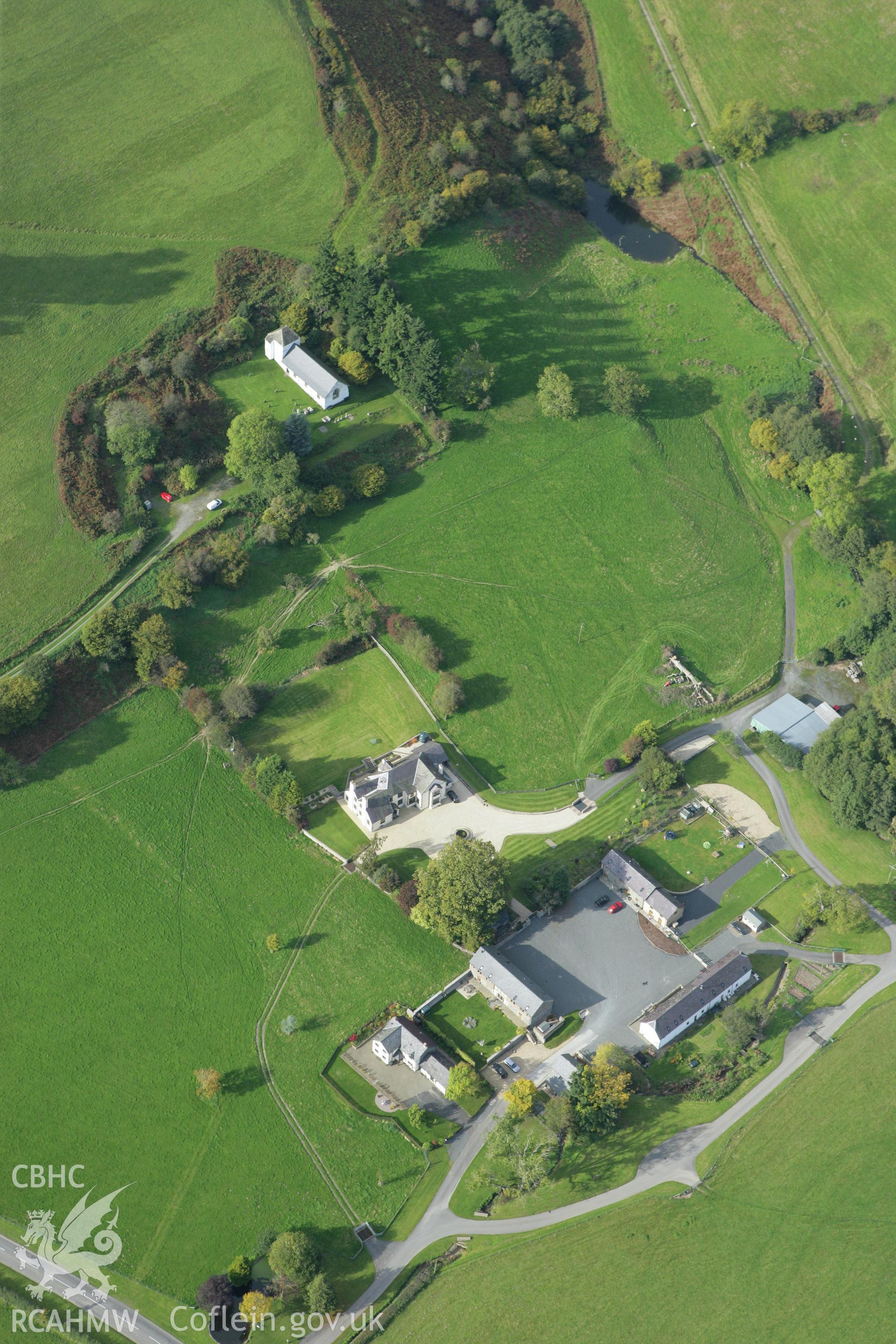 RCAHMW colour oblique photograph of St Mary's Church, Pilleth, with earthworks. Taken by Toby Driver on 10/10/2008.