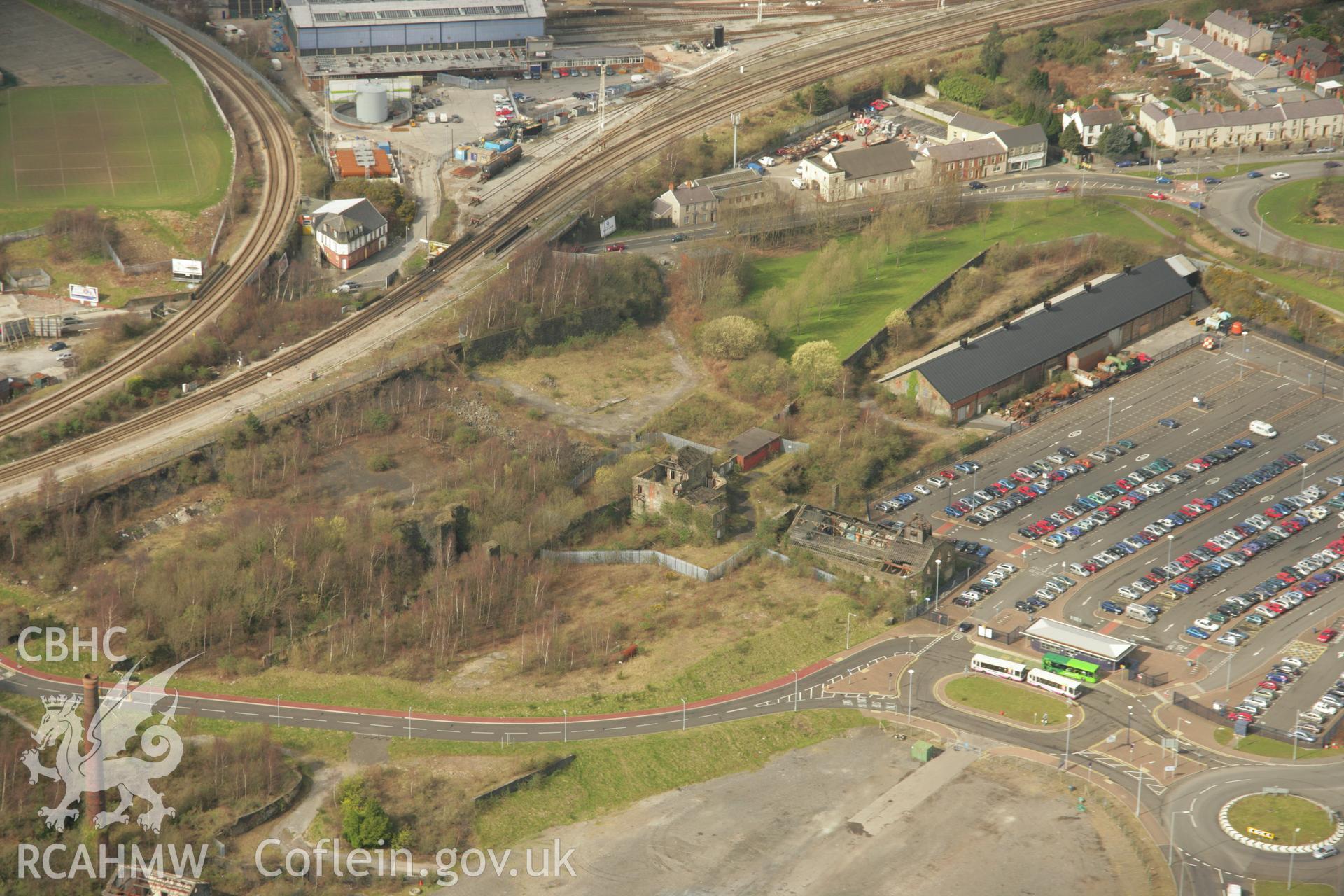 RCAHMW colour oblique aerial photograph of Morfa Copperworks Power House and Canteen, Swansea. Taken on 16 March 2007 by Toby Driver