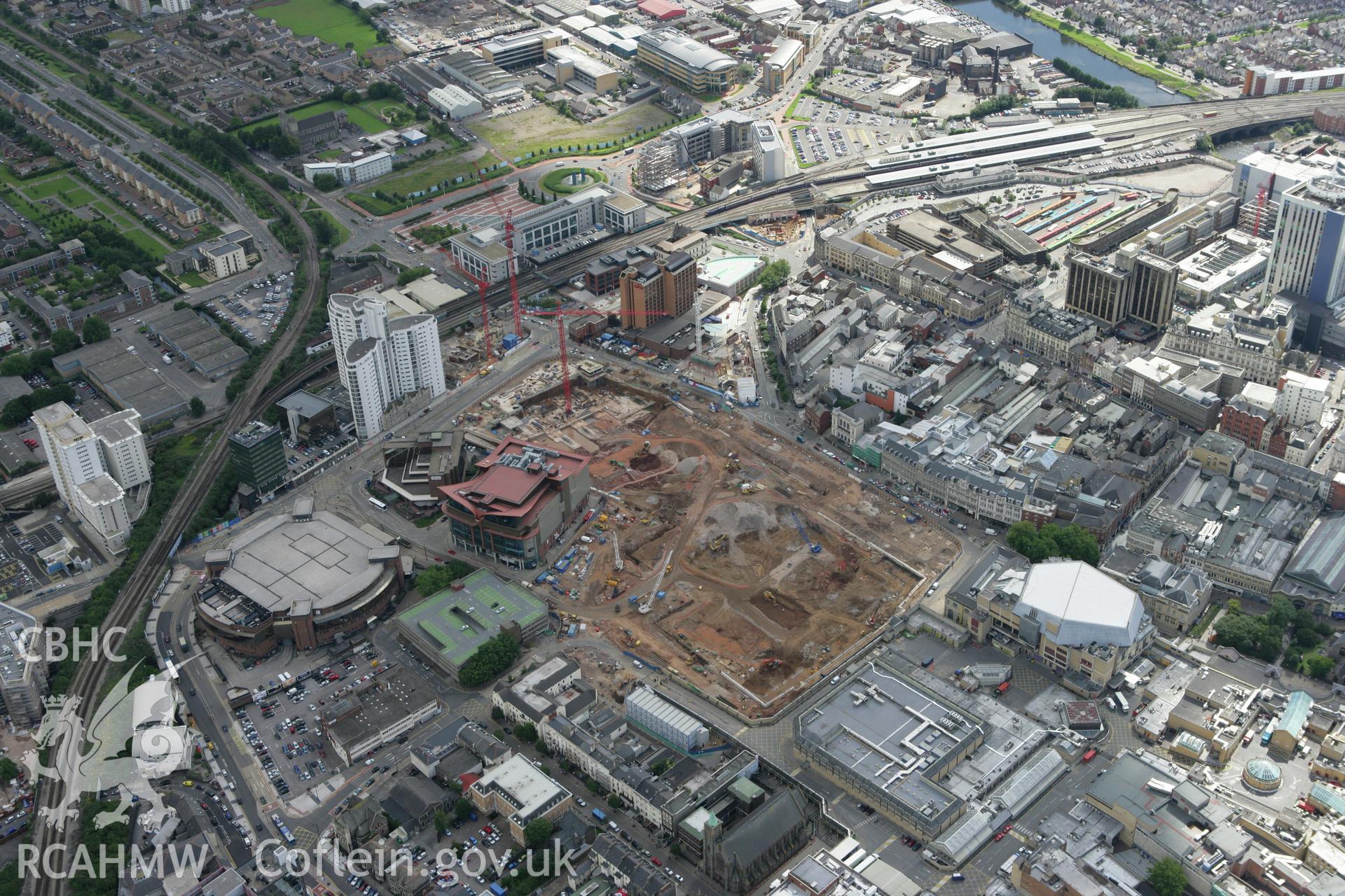 RCAHMW colour oblique aerial photograph of re-development in the centre of Cardiff. Taken on 30 July 2007 by Toby Driver