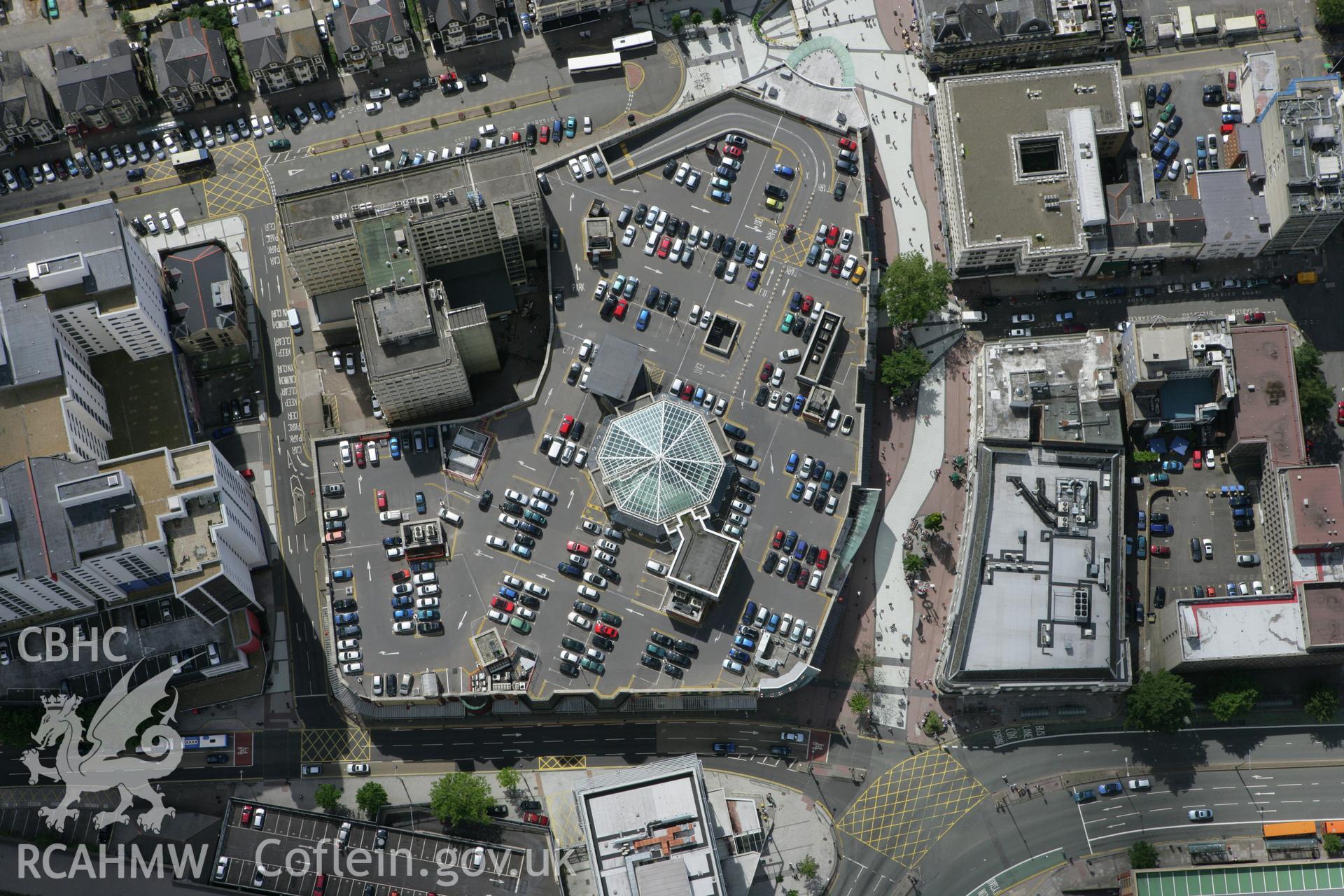 RCAHMW colour oblique aerial photograph of Cardiff. The city centre with Queen Street and the Capitol Shopping Centre. Taken on 30 July 2007 by Toby Driver