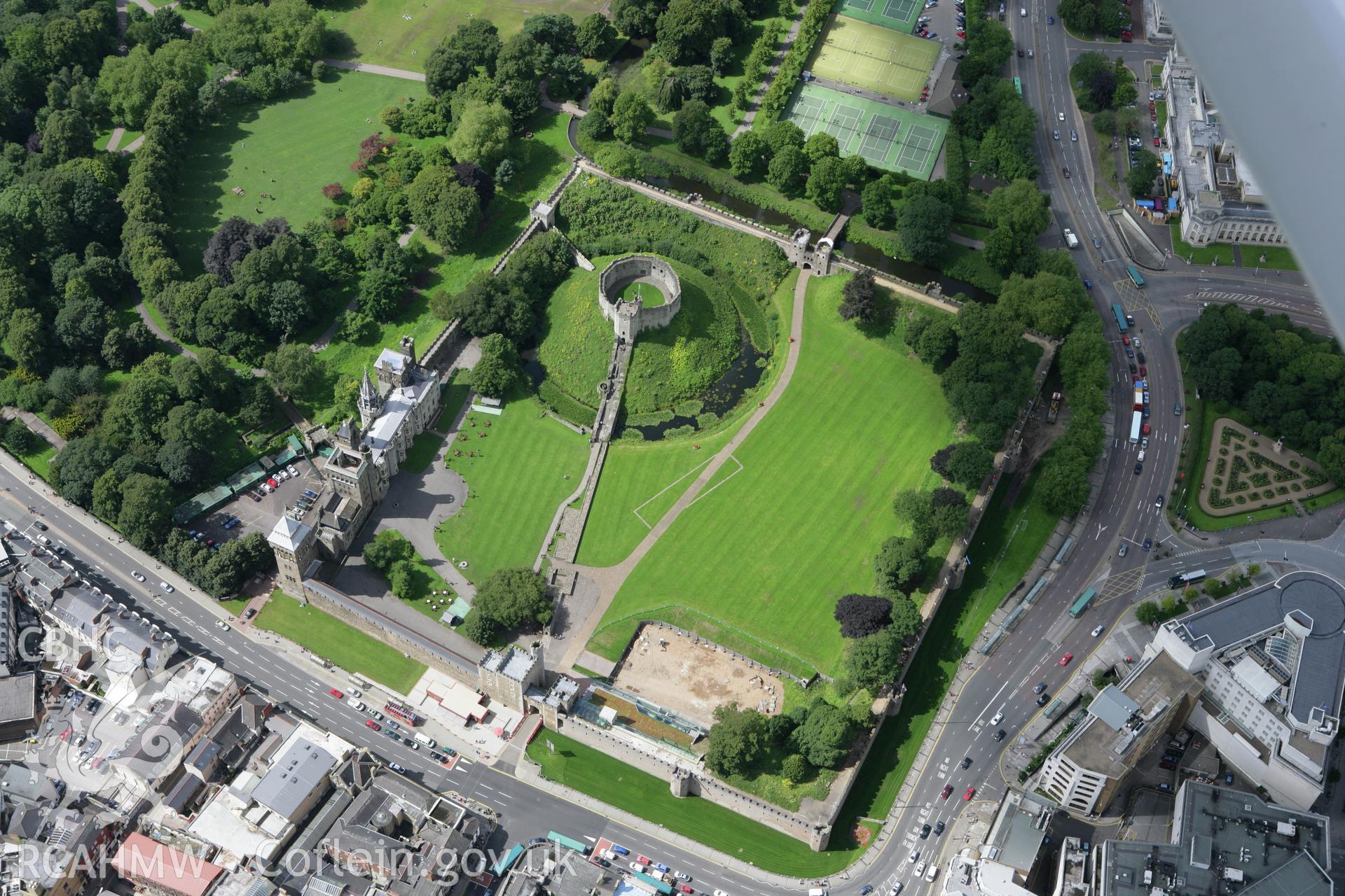 RCAHMW colour oblique aerial photograph of Cardiff Castle. Taken on 30 July 2007 by Toby Driver