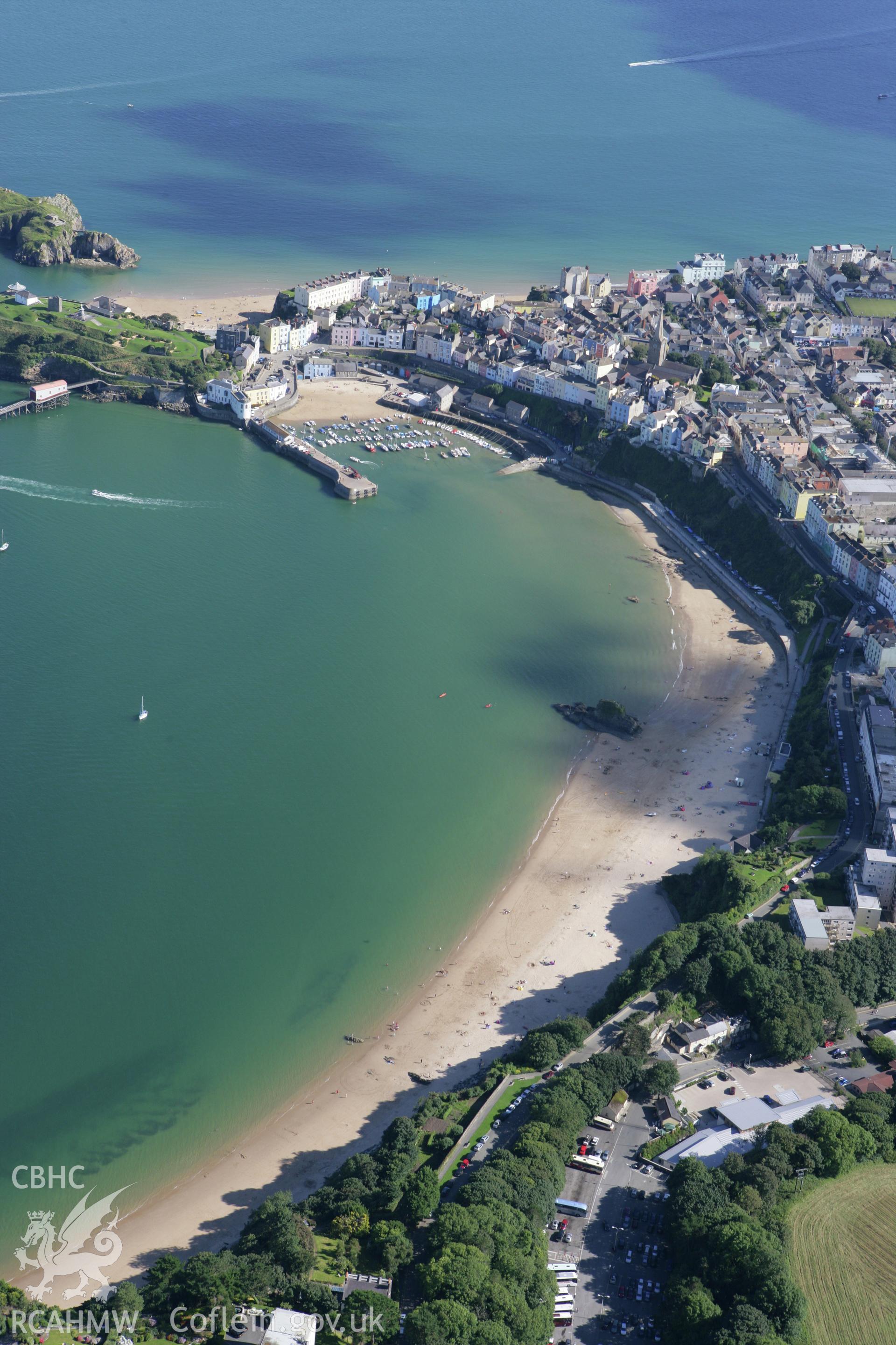 RCAHMW colour oblique aerial photograph of Tenby and surrounding landscape from the north-east. Taken on 30 July 2007 by Toby Driver