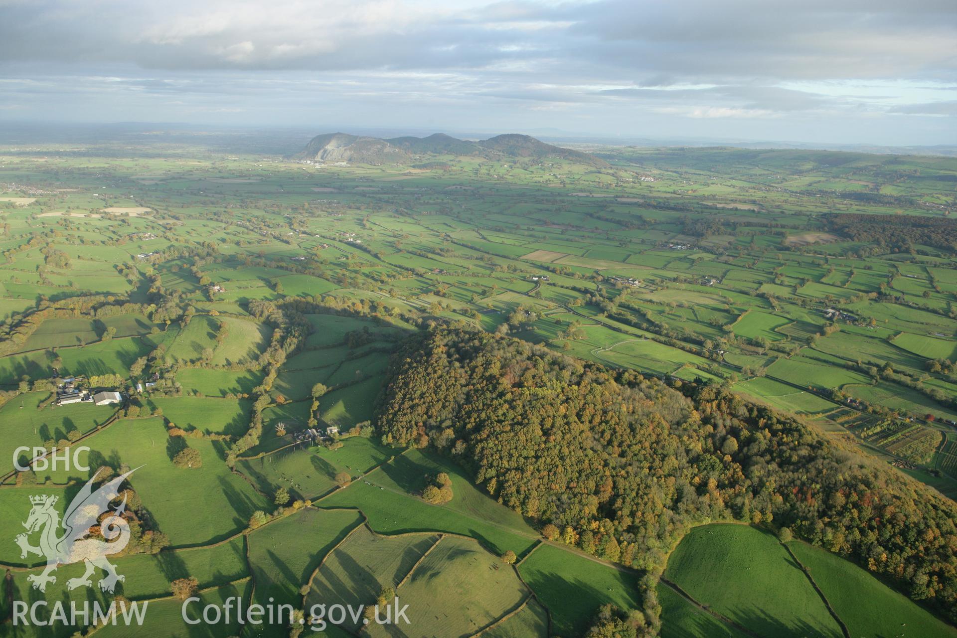 RCAHMW colour oblique photograph of Gaer Fawr hillfort, Guilsfield. Taken by Toby Driver on 30/10/2007.