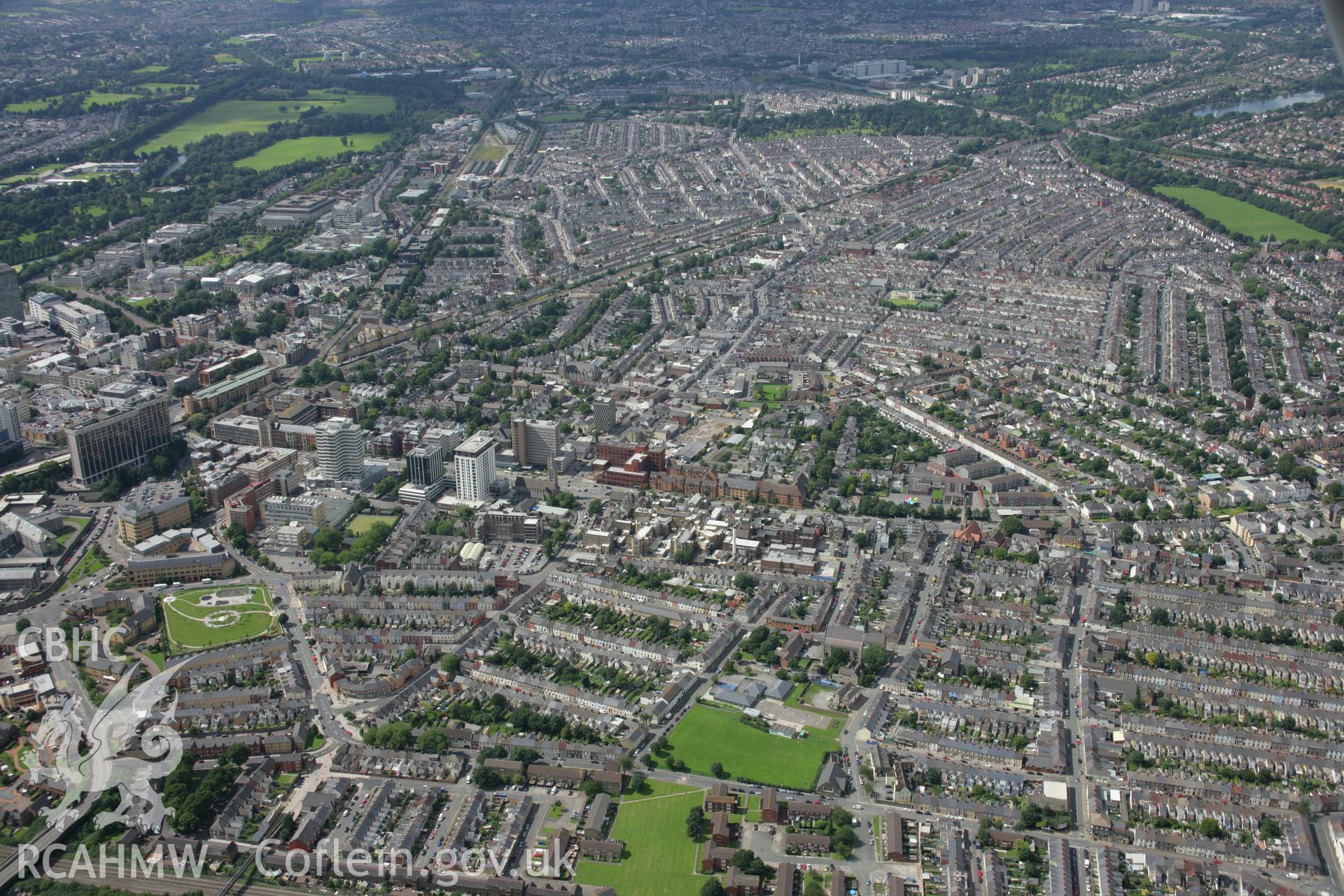 RCAHMW colour oblique aerial photograph of Cardiff. The city centre and Newport road from the south-east. Taken on 30 July 2007 by Toby Driver