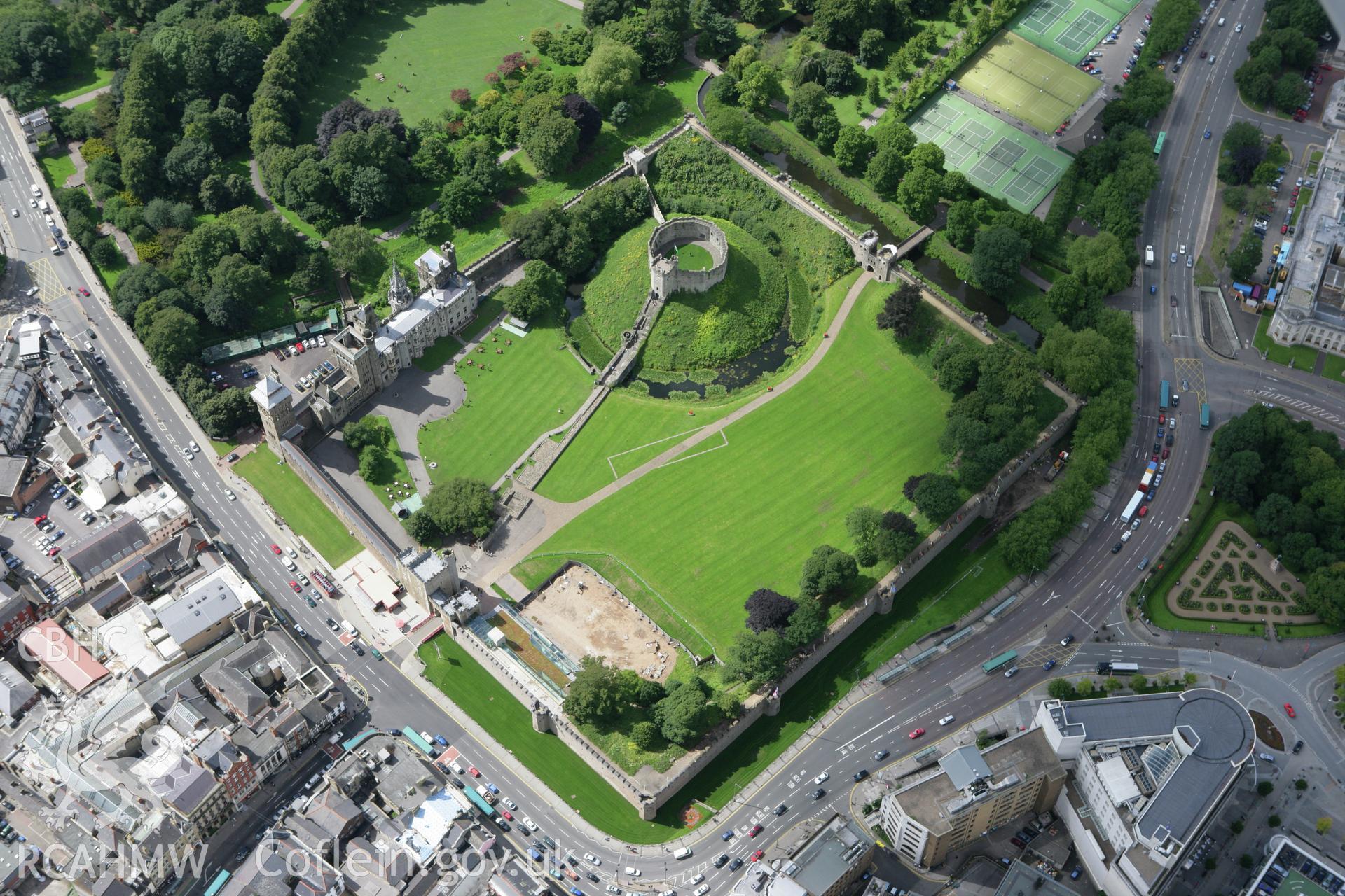 RCAHMW colour oblique aerial photograph of Cardiff Castle. Taken on 30 July 2007 by Toby Driver