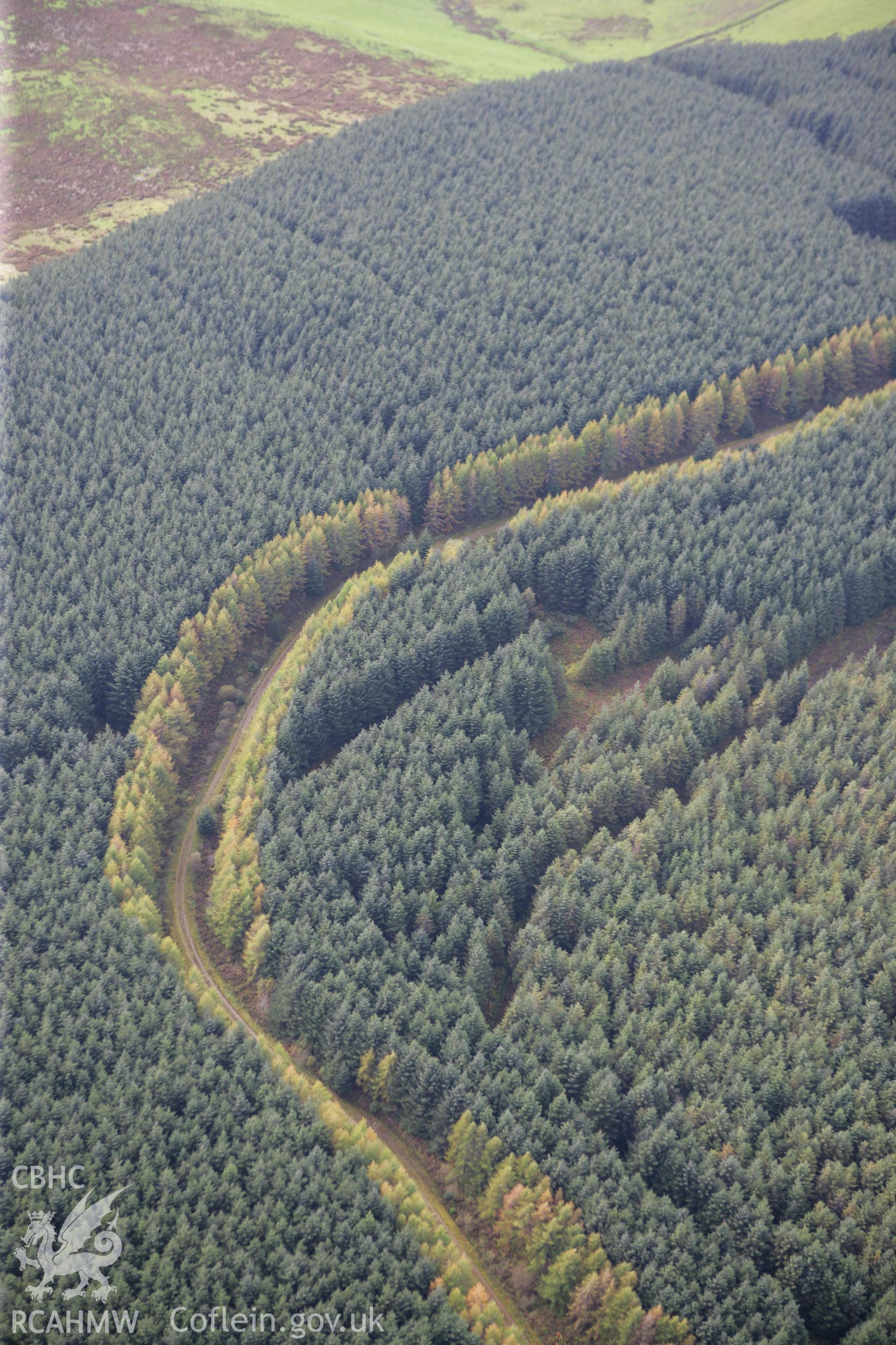 RCAHMW colour oblique aerial photograph of Hafoty Sion Llwyd Cairn (Brenig 46) and the forested landscape. Taken on 13 October 2009 by Toby Driver