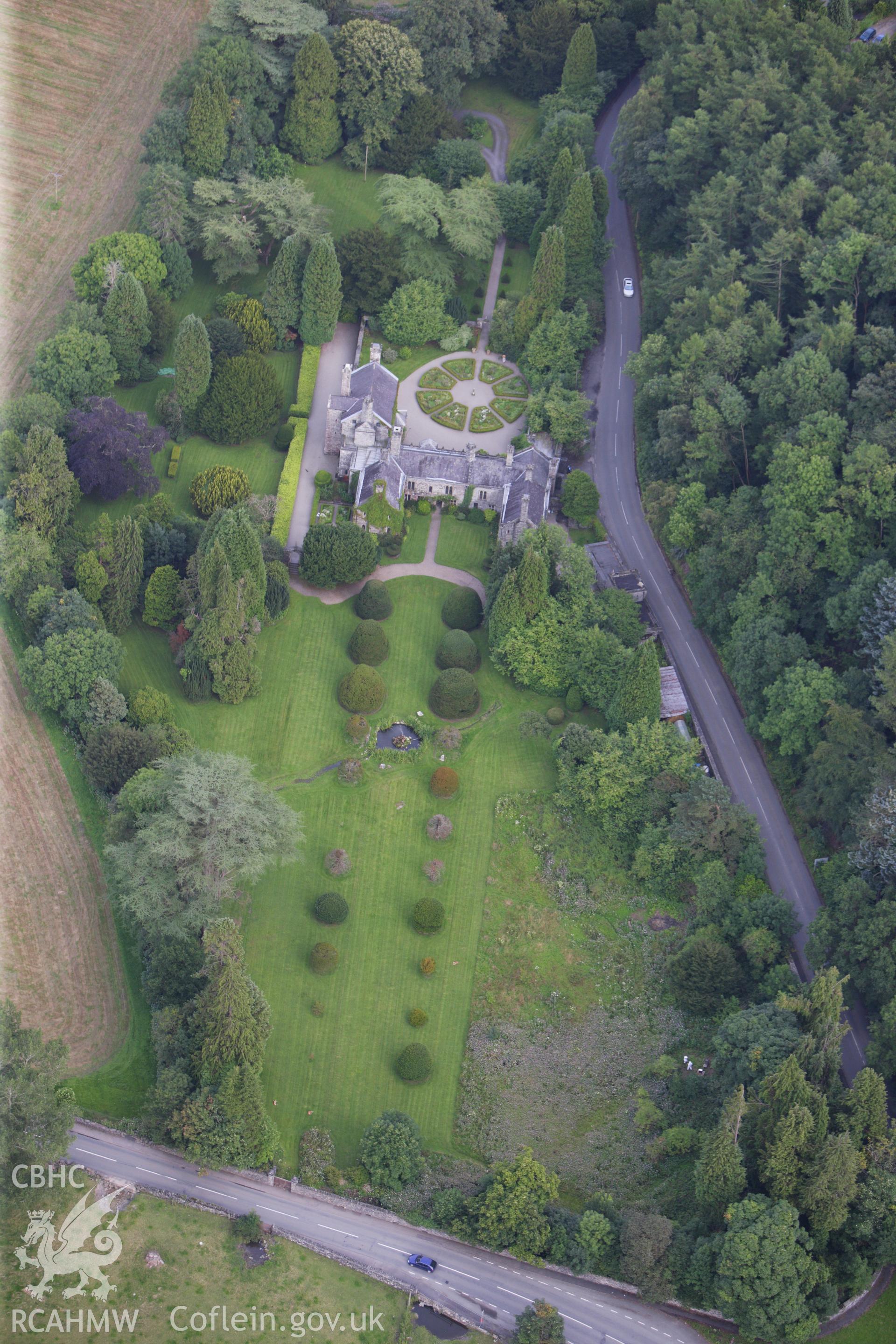 RCAHMW colour oblique aerial photograph of Gwydir Castle. Taken on 06 August 2009 by Toby Driver