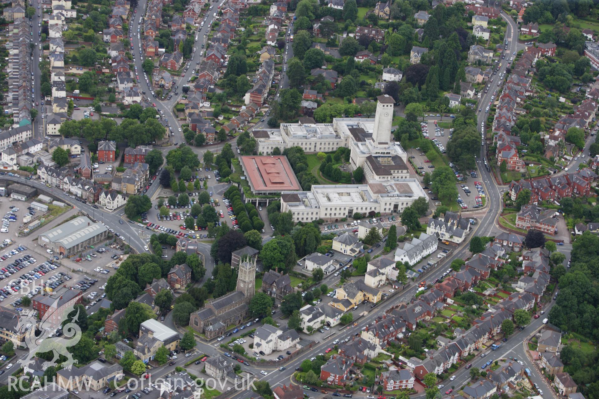 RCAHMW colour oblique aerial photograph of Newport Civic Centre, showing crown Court buildings. Taken on 09 July 2009 by Toby Driver
