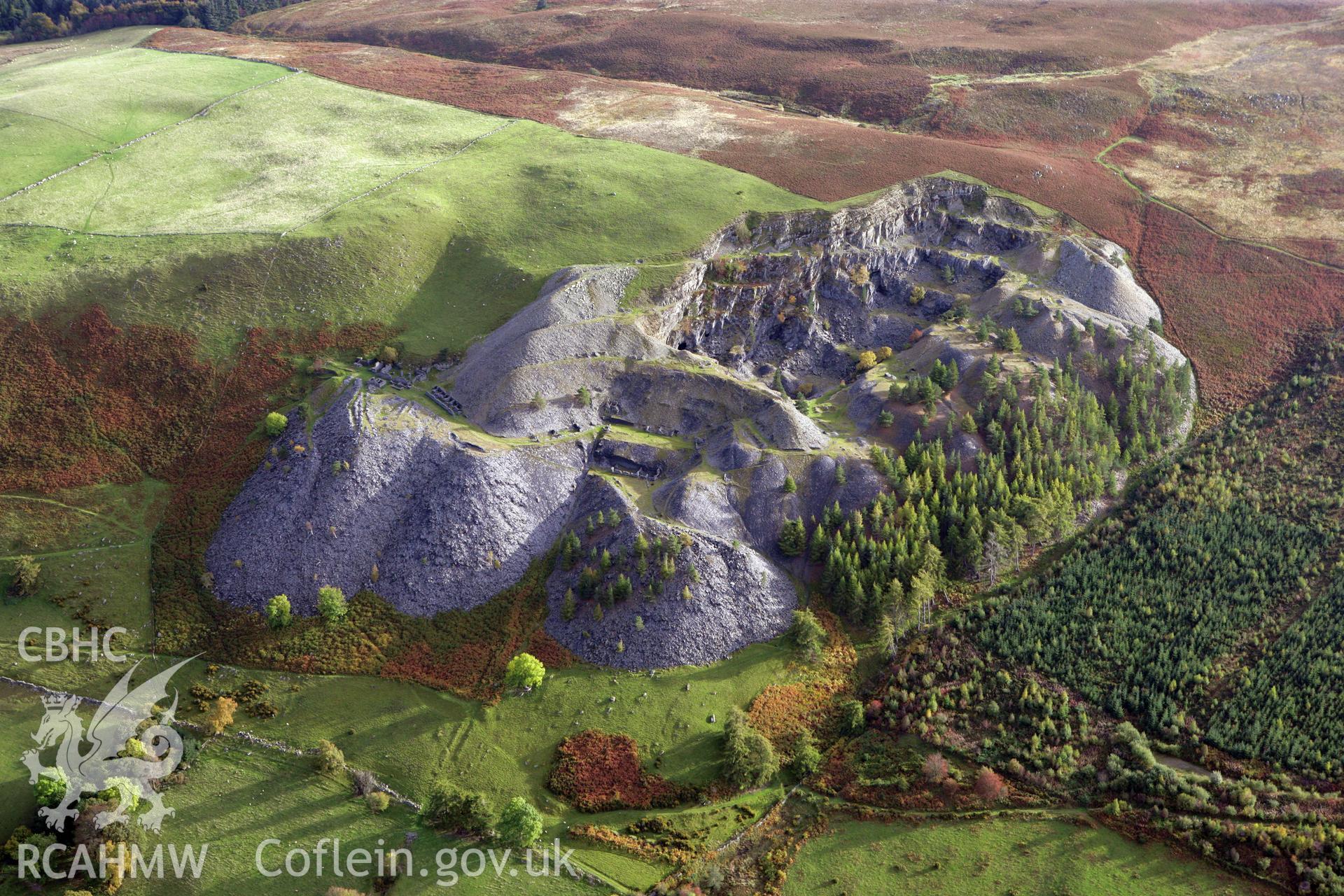 RCAHMW colour oblique aerial photograph of Penarth Slate Quarry, Corwen. Taken on 13 October 2009 by Toby Driver