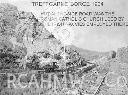 Digital image relating to Treffgarne Gorge, 1904. The image shows a hut which was used as a Catholic church by the Irish workforce employed in the construction of the railway.