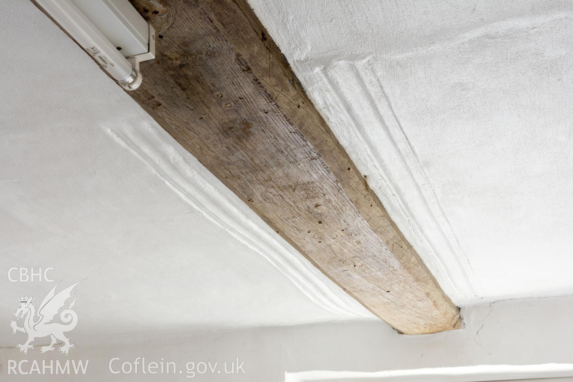 Interior view of chapel  wing: first-floor  ogee-stopped beam and ceiling moulding, taken by Martin Crampin for RCAHMW 21st March 2017.