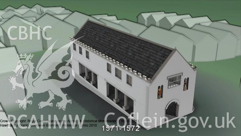 Still taken from the animation of the Denbigh Town Hall model highlighting the phasing - Phase I, from an RCAHMW digital survey carried out by Susan Fielding, 04/08/2005 to 21/09/2005, as part of the Denbigh Town Heritage Initiative.