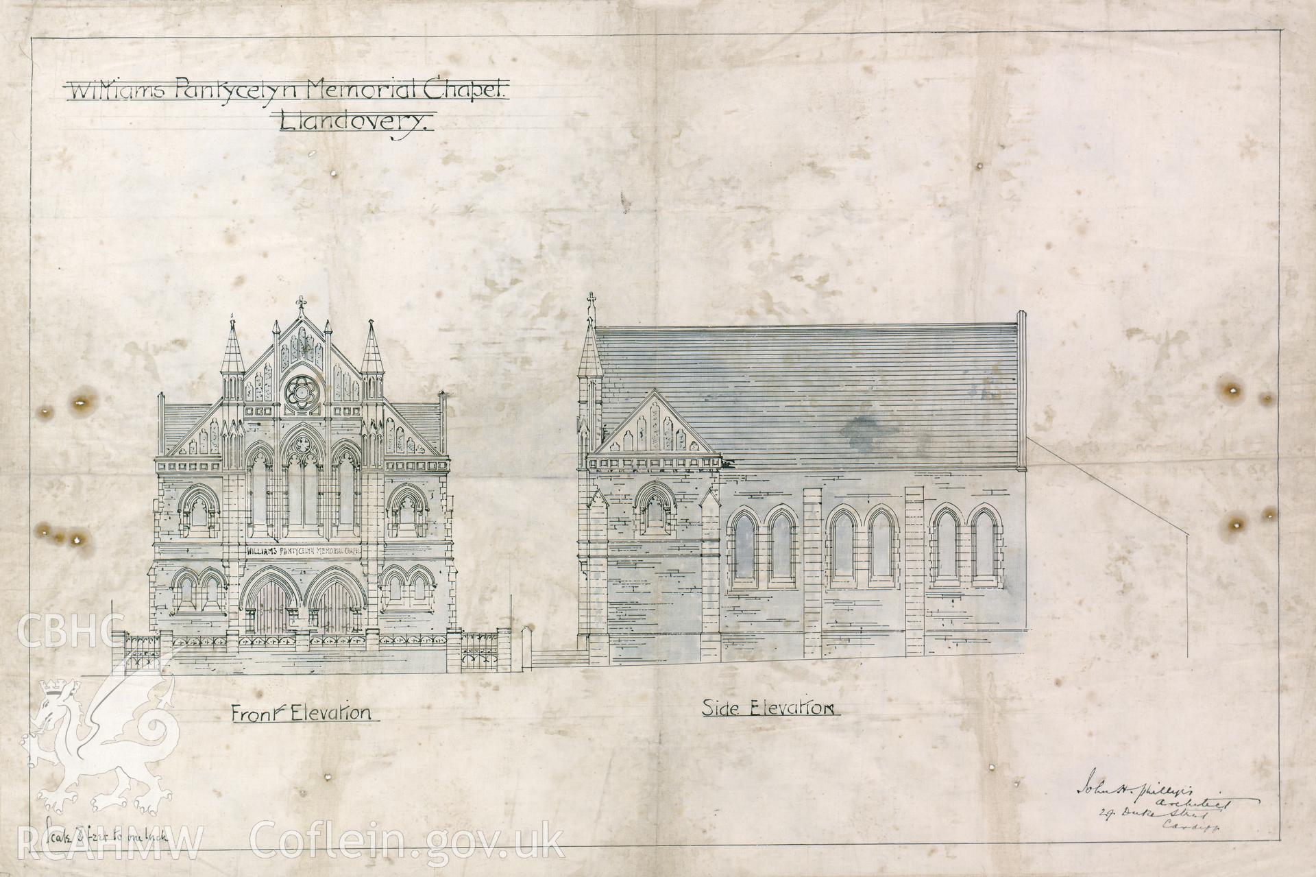 Measured elevation drawings of Williams Pantycelyn Chapel, dated 1886.