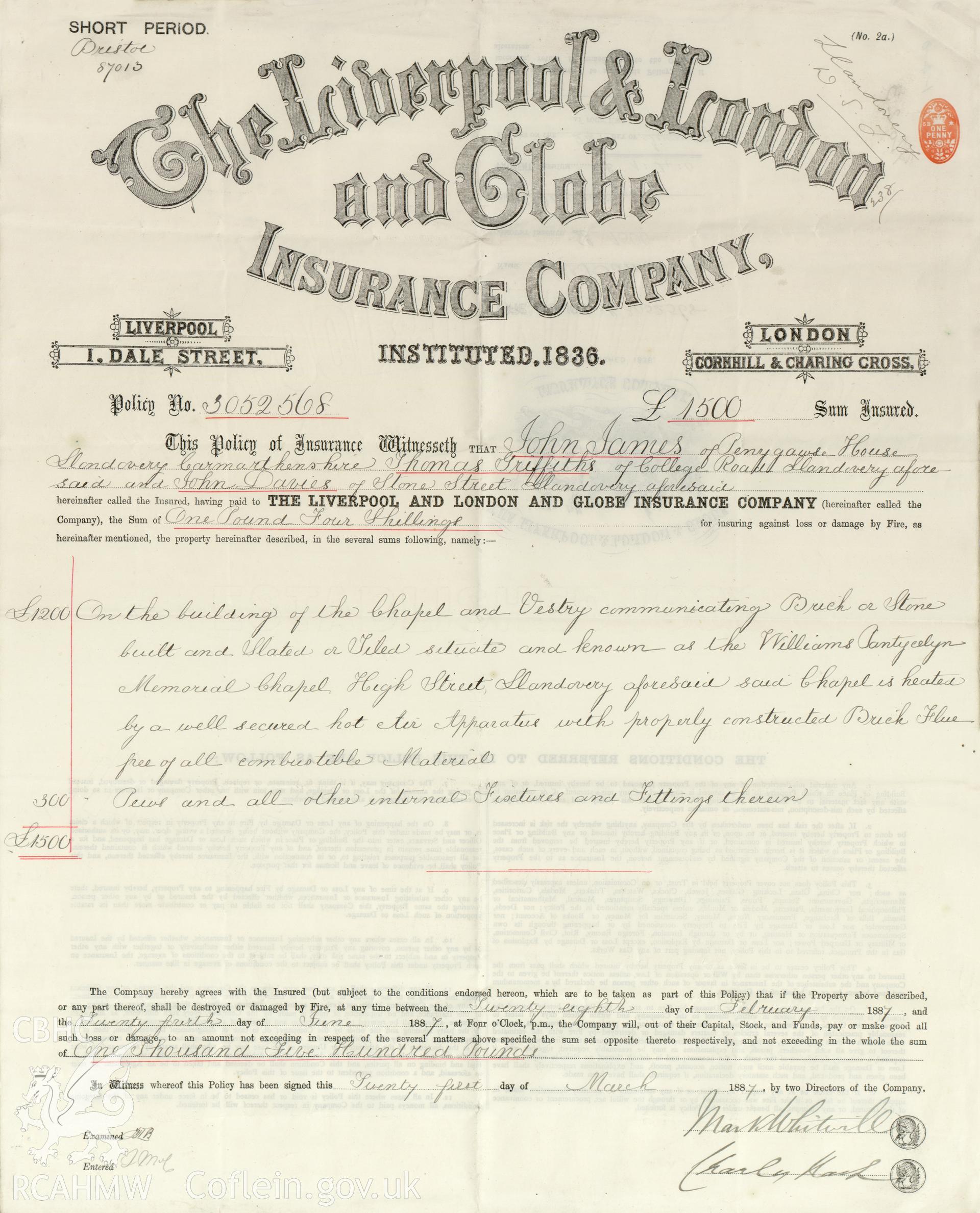 Liverpool & London Insurance Certificate  dated 1887