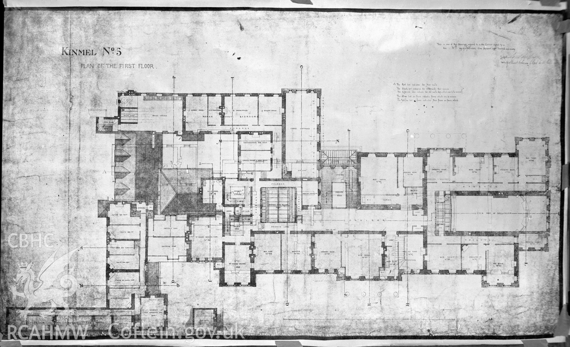Black and white acetate negative showing 1870 plan of the first floor at Kinmel.