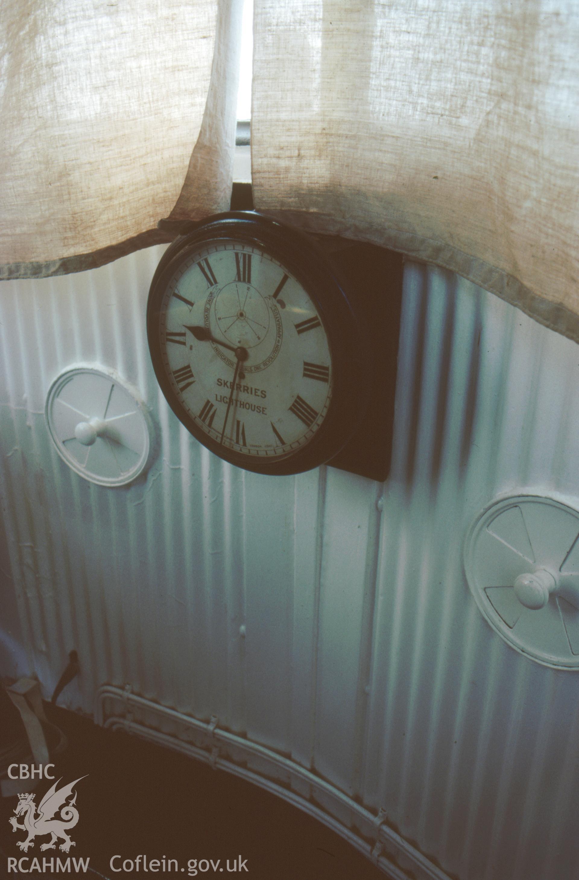 Colour slide, interior view showing lantern clock in the lighthouse.