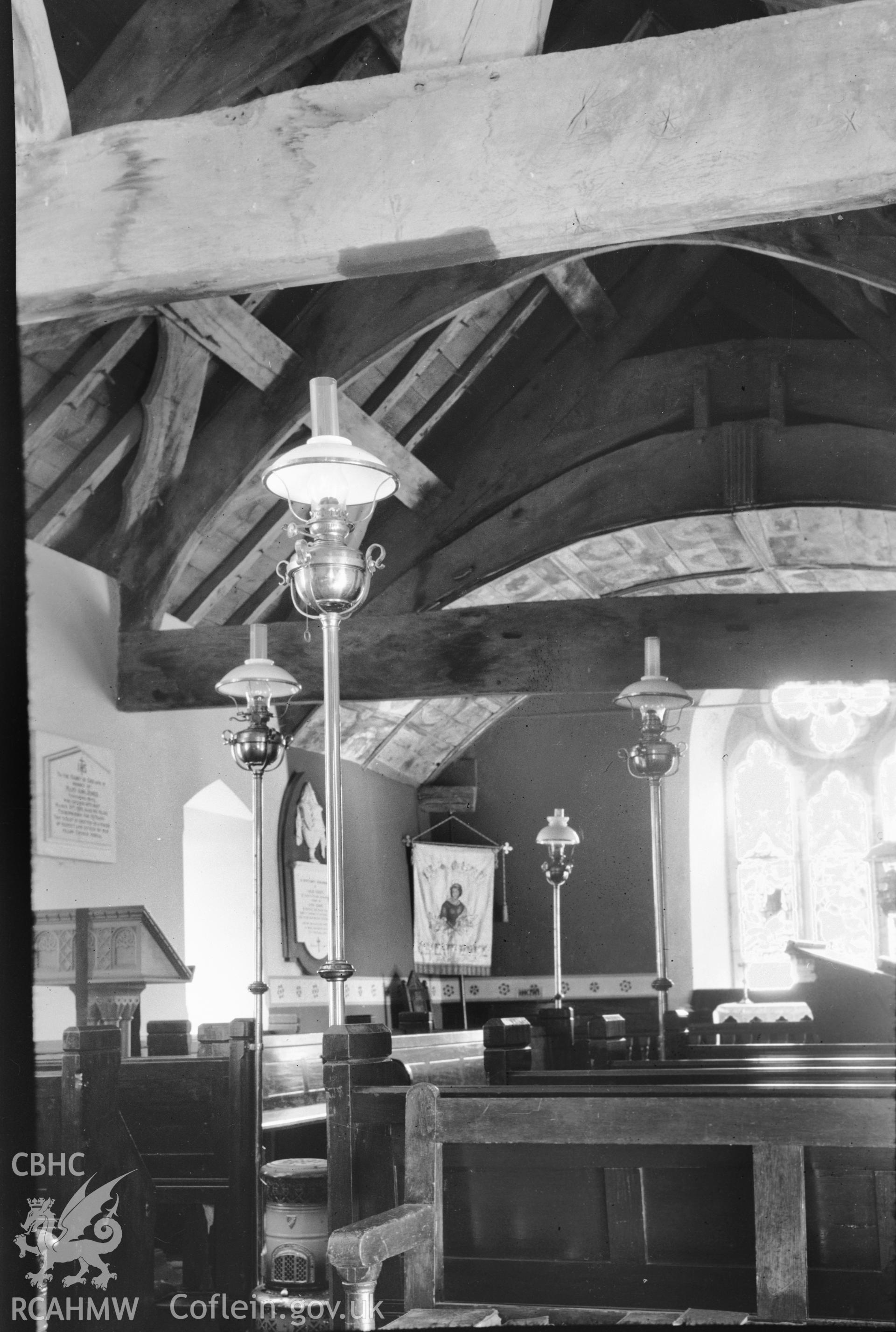 Interior view of Talyllyn Church showing roof beams taken 12.03.1941.