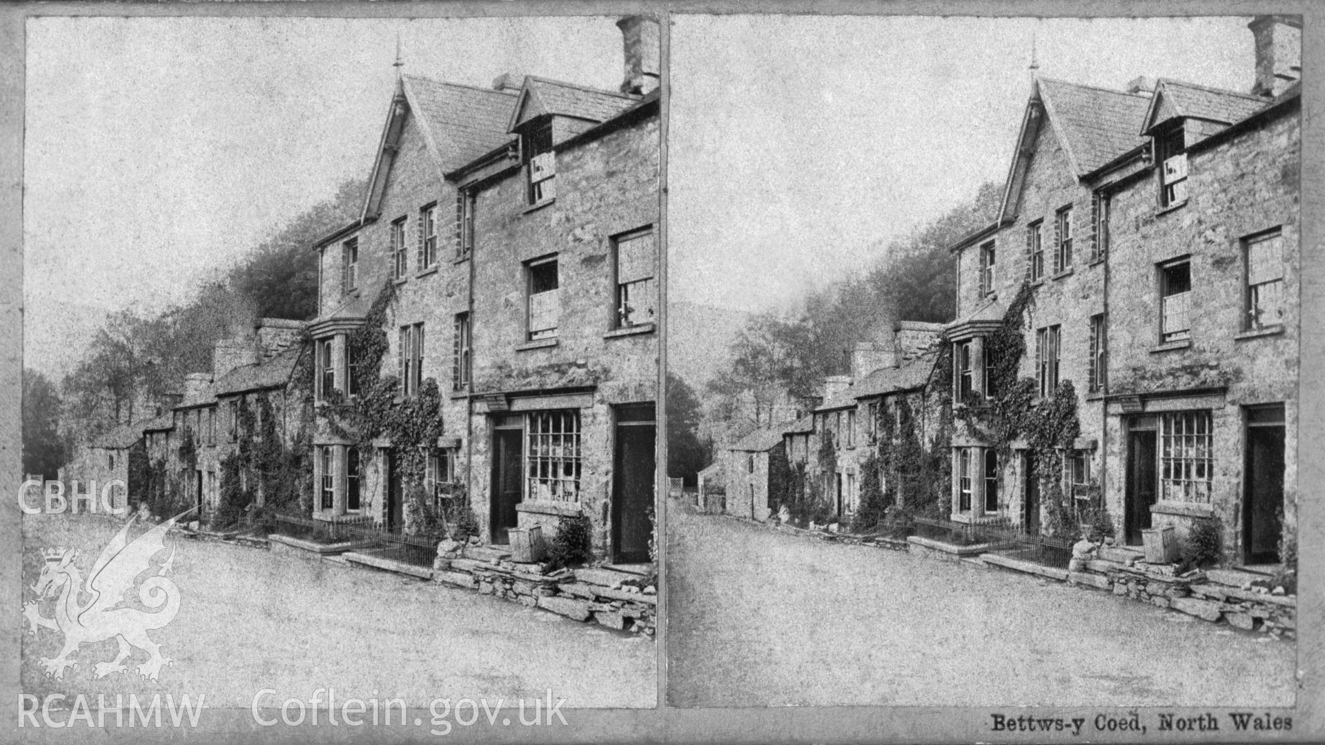 Black and white photograph of Betws-Y-Coed, copied from an original postcard in the possession of Thomas Lloyd. Negative held.